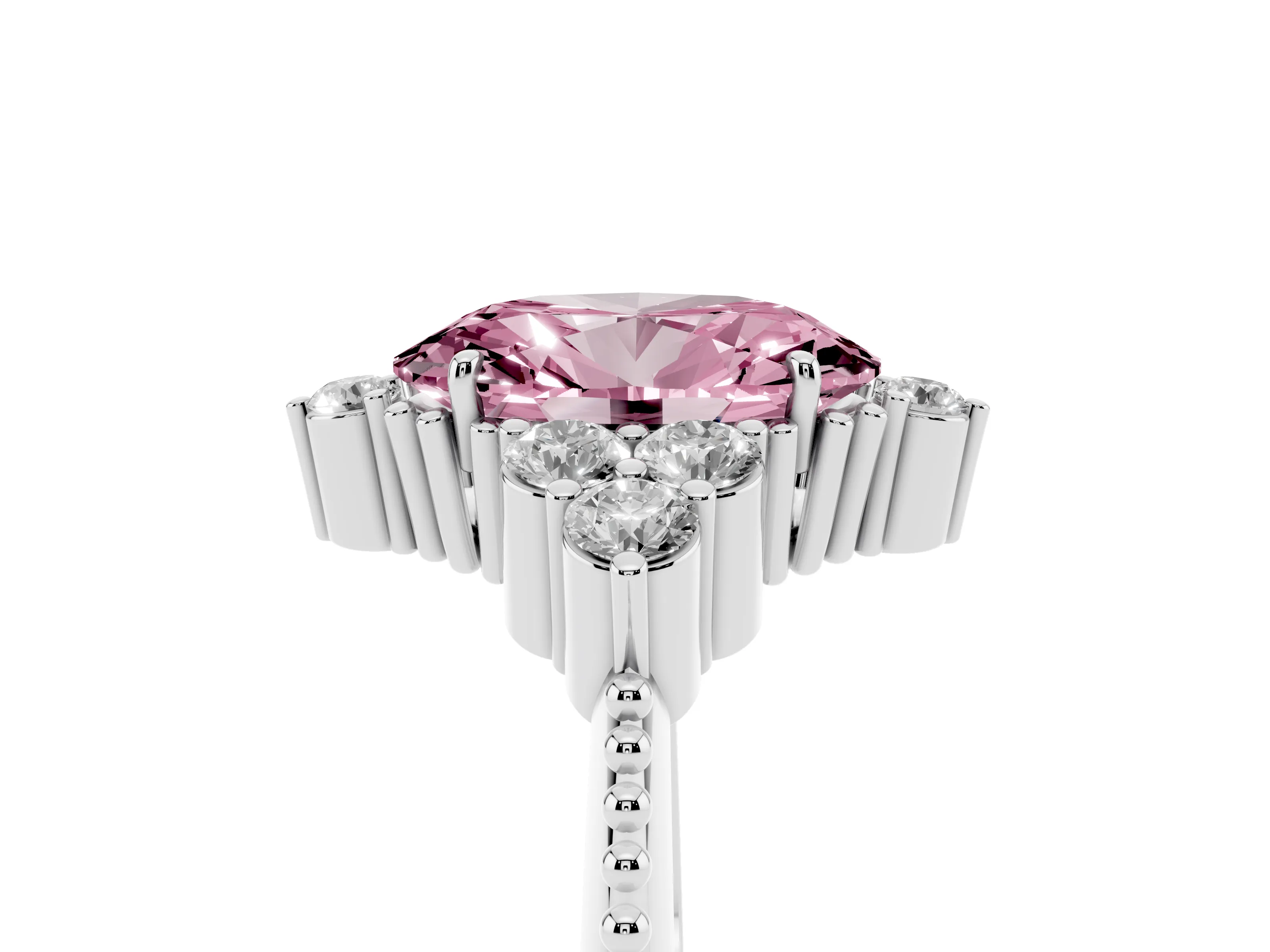 Fancy Pink Oval Cut Diamond Cluster Ring Set in Silver with Beaded Band