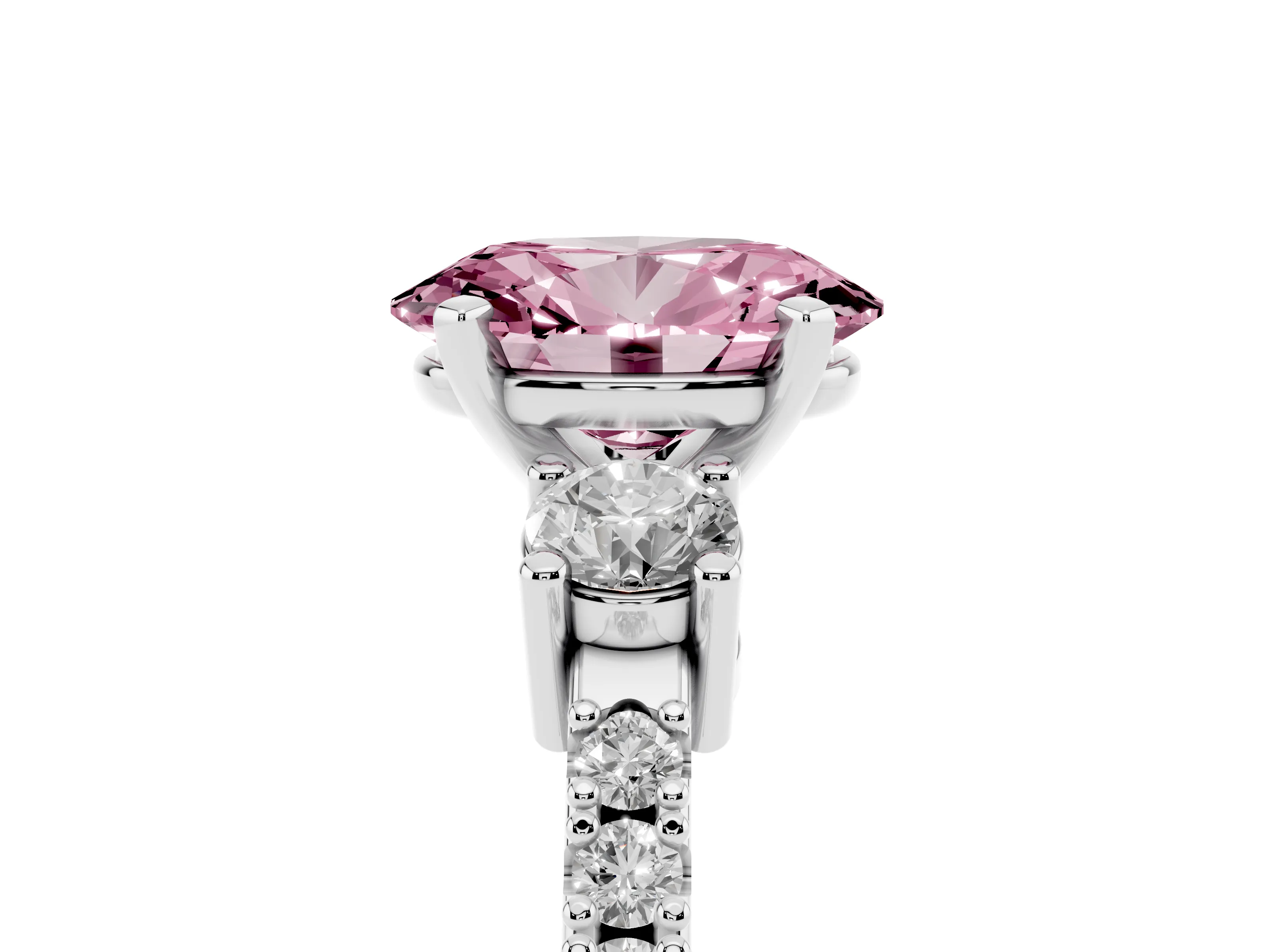 Fancy Pink Three-Stone Oval Cut Diamond Pavé Band Ring Set in Silver with Prong Setting