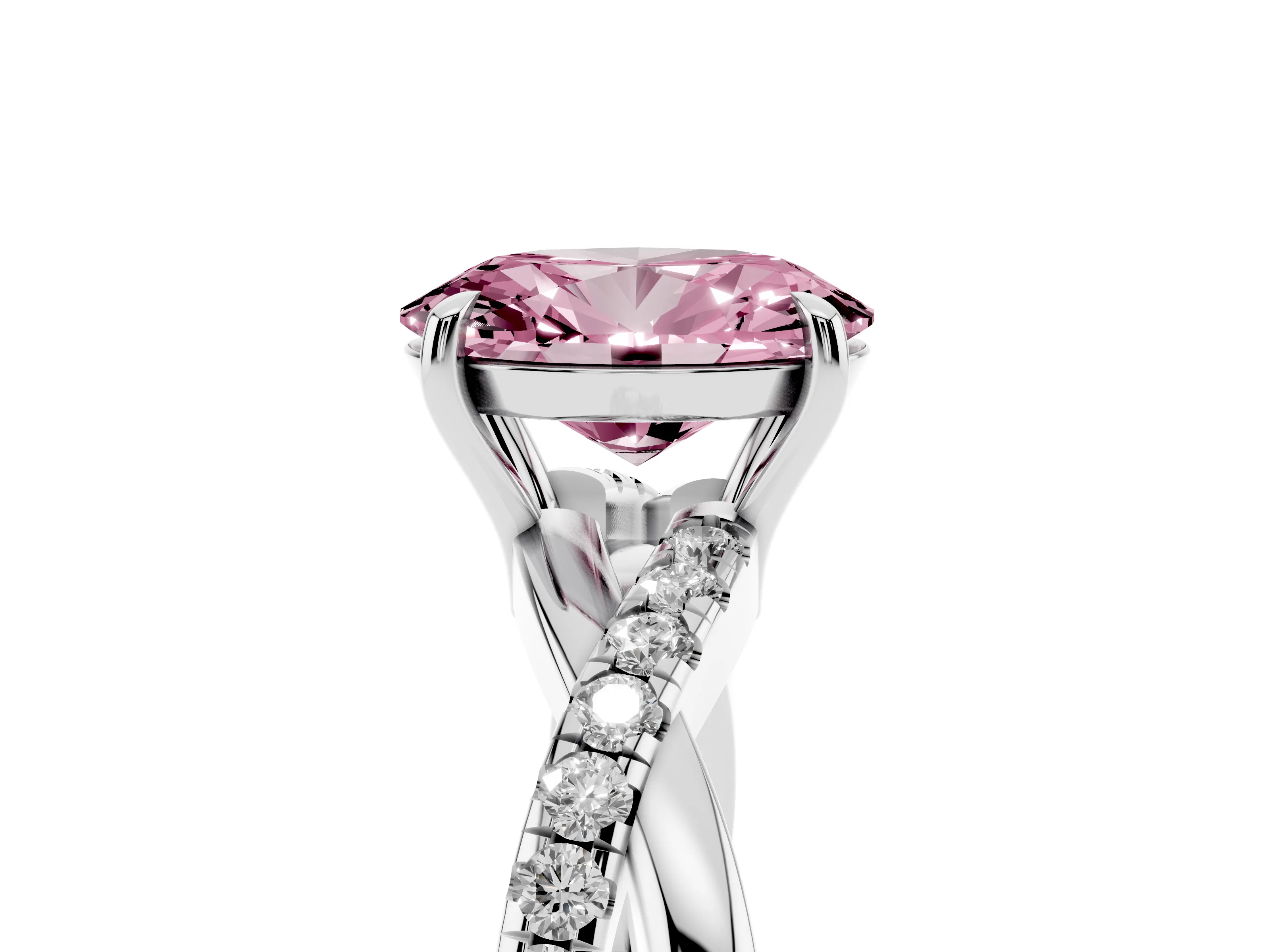 Fancy Pink Oval Cut Diamond Twisted Pavé Band Ring Set in Silver with Prong Setting