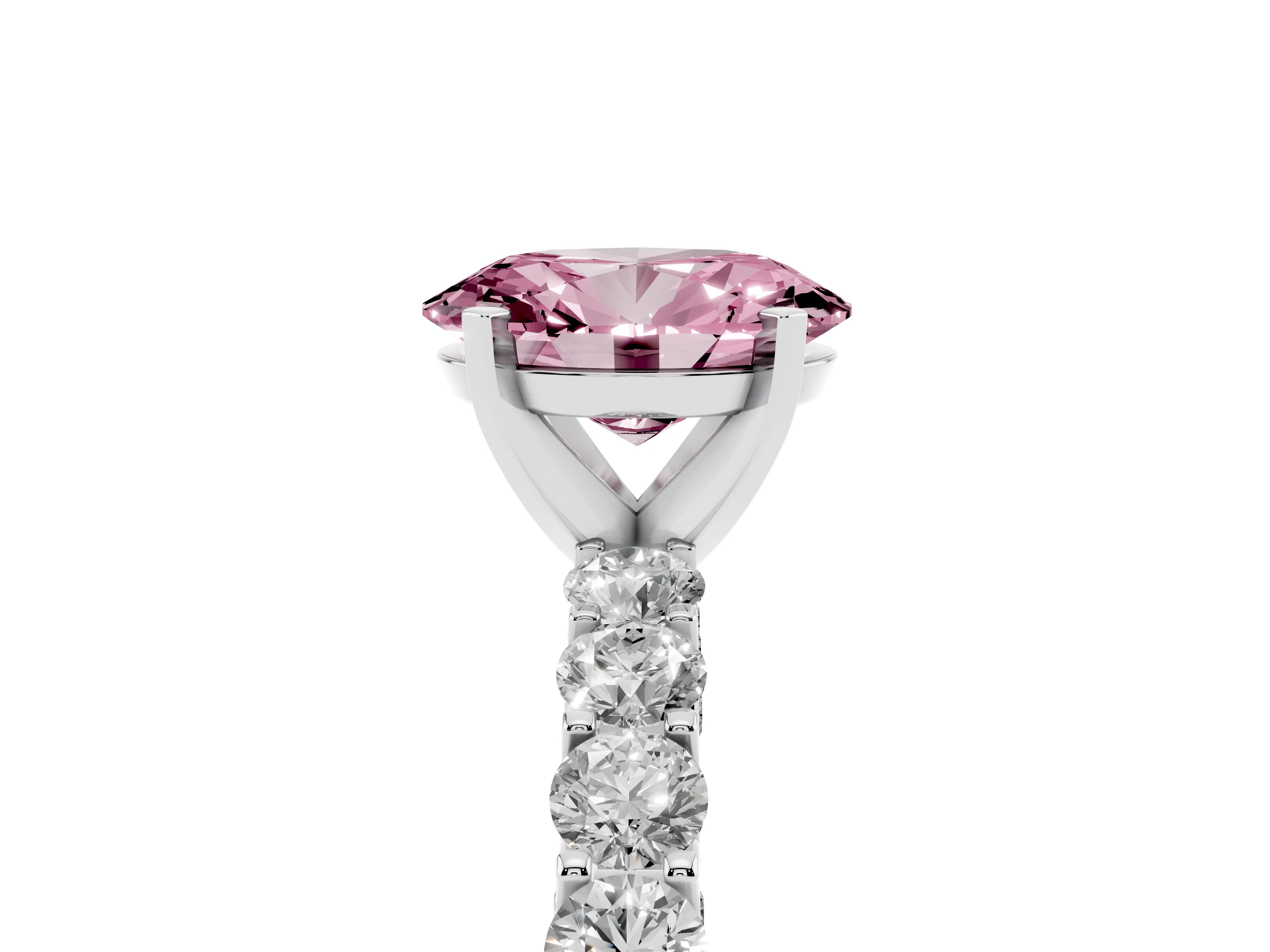 Fancy Pink Oval Cut Diamond Solitaire Ring Set in Silver with Shared Prong Pavé Band