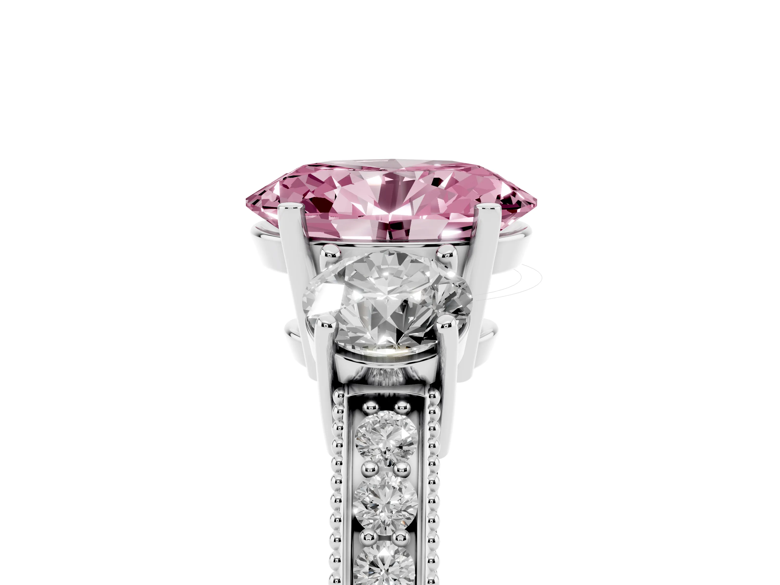 Fancy Pink Oval Cut Diamond Three-Stone Ring Set in Silver with Round Side Stones and Pavé Band