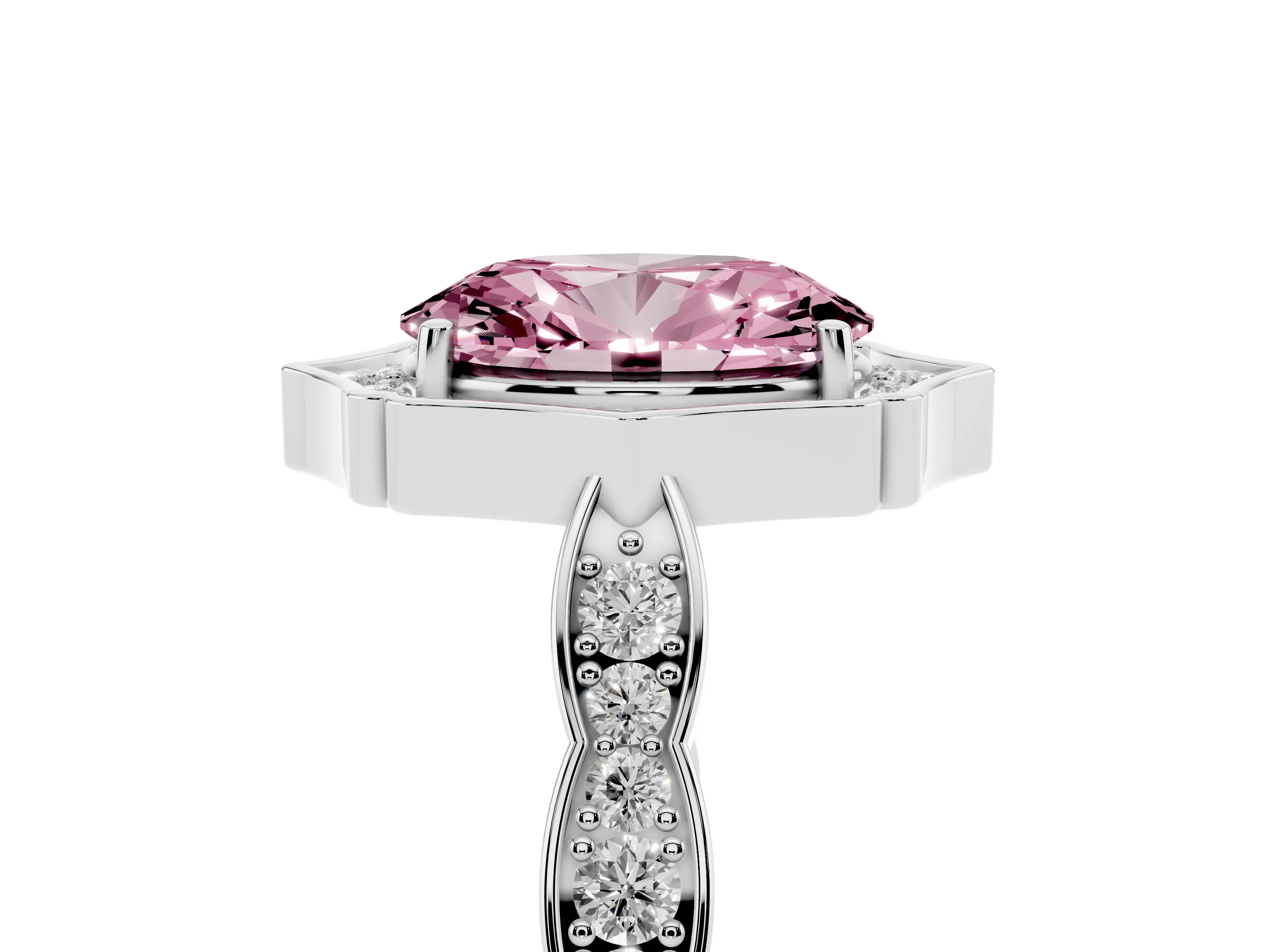 Fancy Pink Oval Cut Diamond Halo Engagement Ring Set in White gold with Milgrain Band and Prong Setting