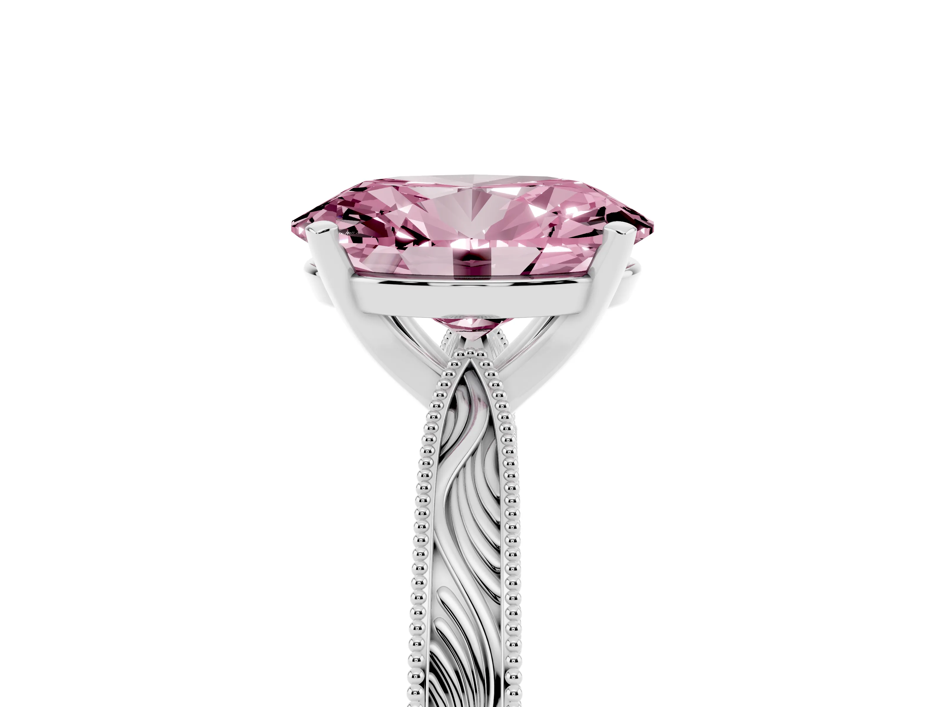 Fancy Pink Oval Cut Diamond Solitaire Milgrain Engraved Band Set in White gold with Prong Setting