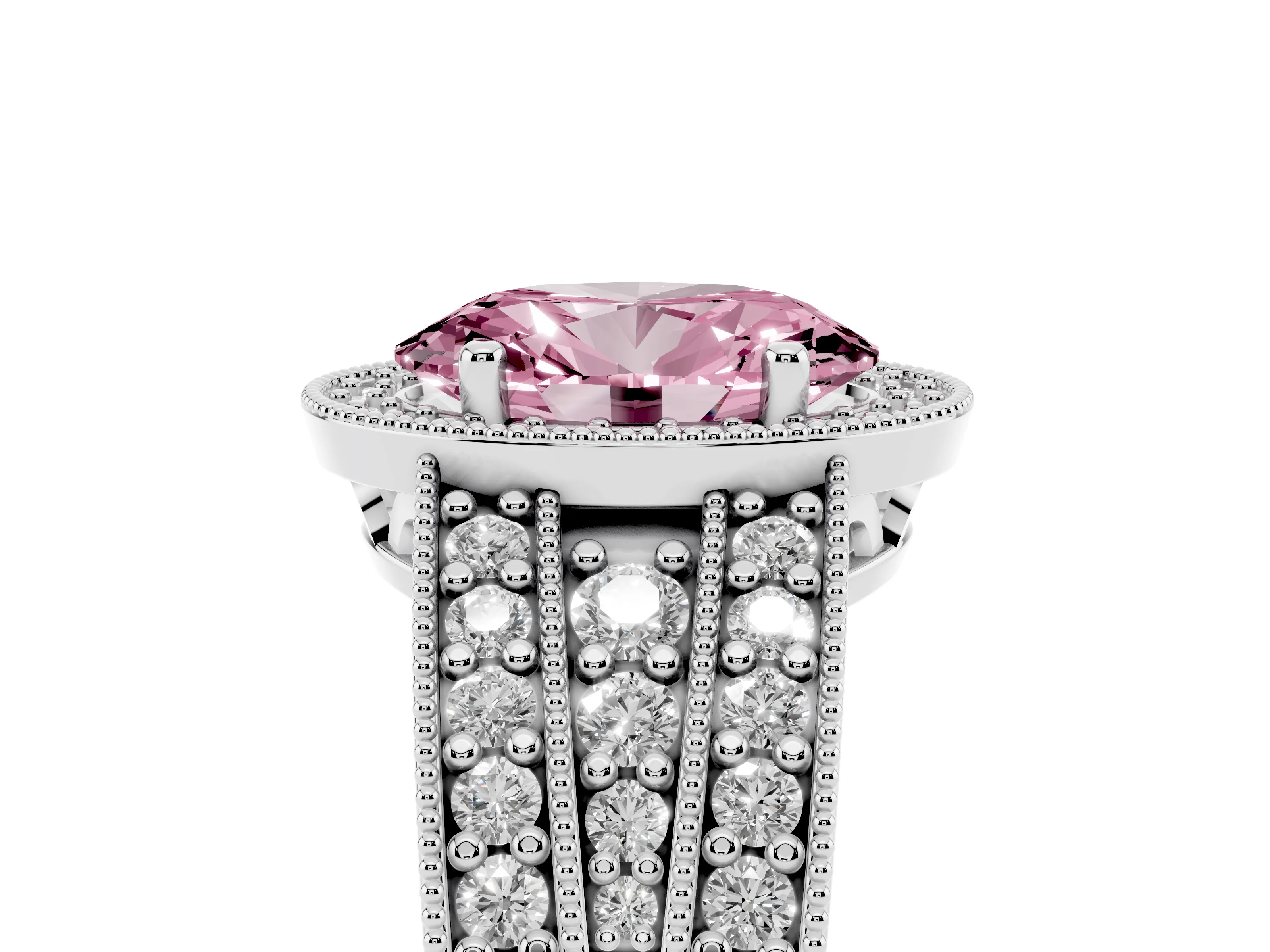 Fancy Pink Oval Cut Diamond Halo Ring Set in White gold with Accent Split Shank and Prong Setting