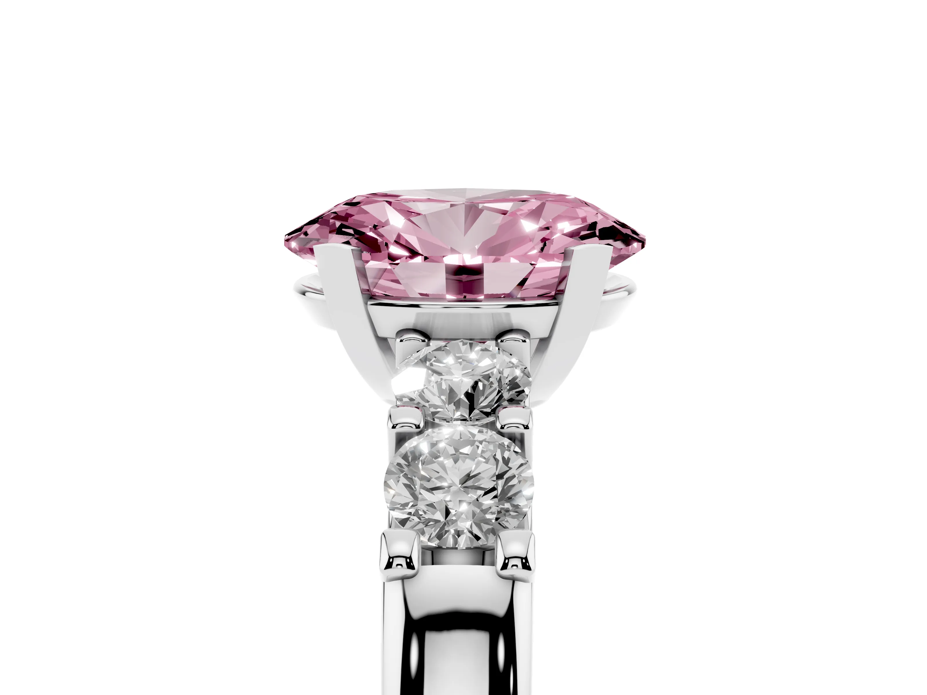 Fancy Pink Oval Cut Diamond Five-Stone Prong Set Engagement Ring Set in Platinum with Channel Band