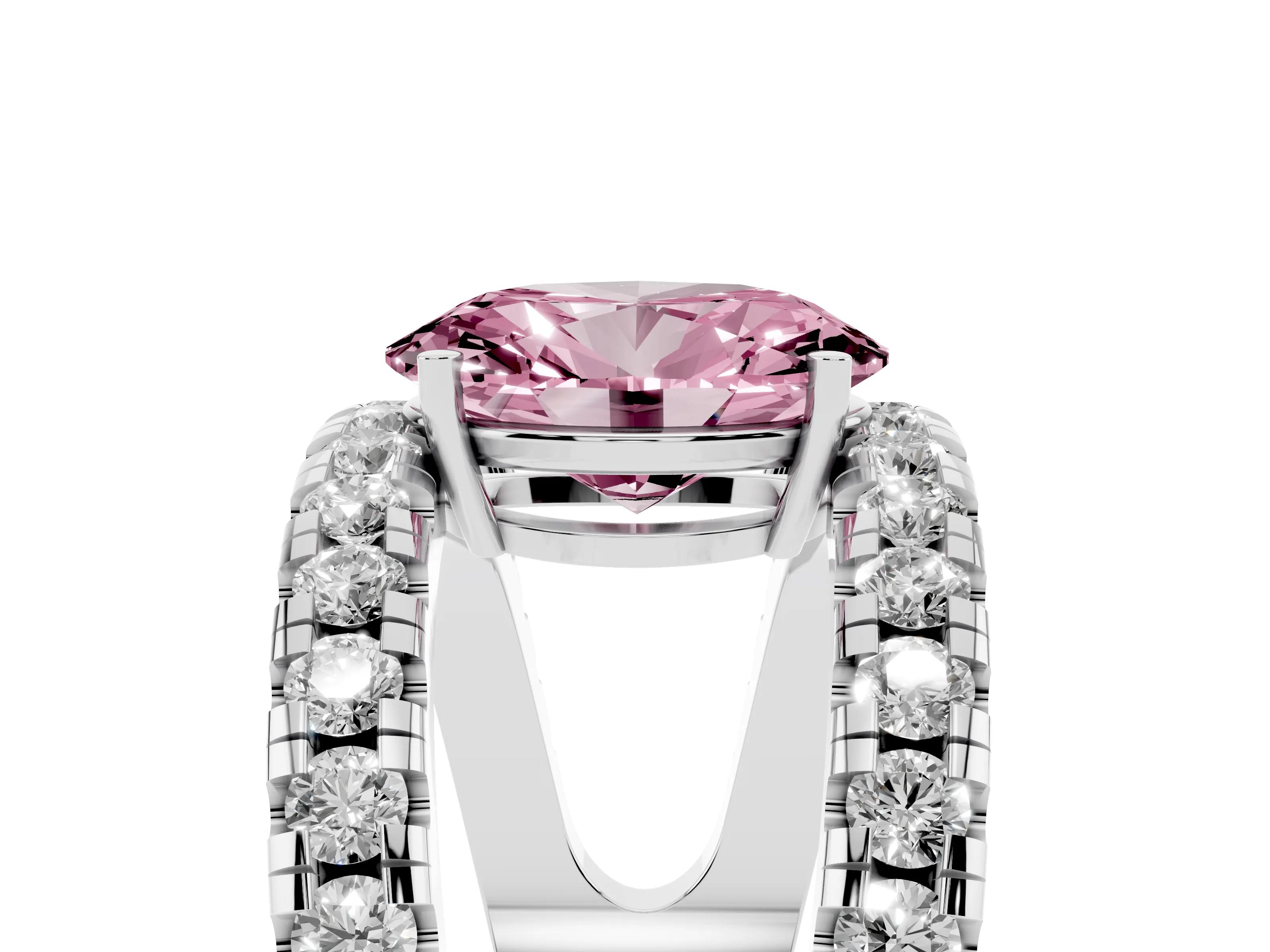 Fancy Pink Oval Cut Diamond Split Shank Pavé Solitaire Ring Set in Platinum with Open Shank Design