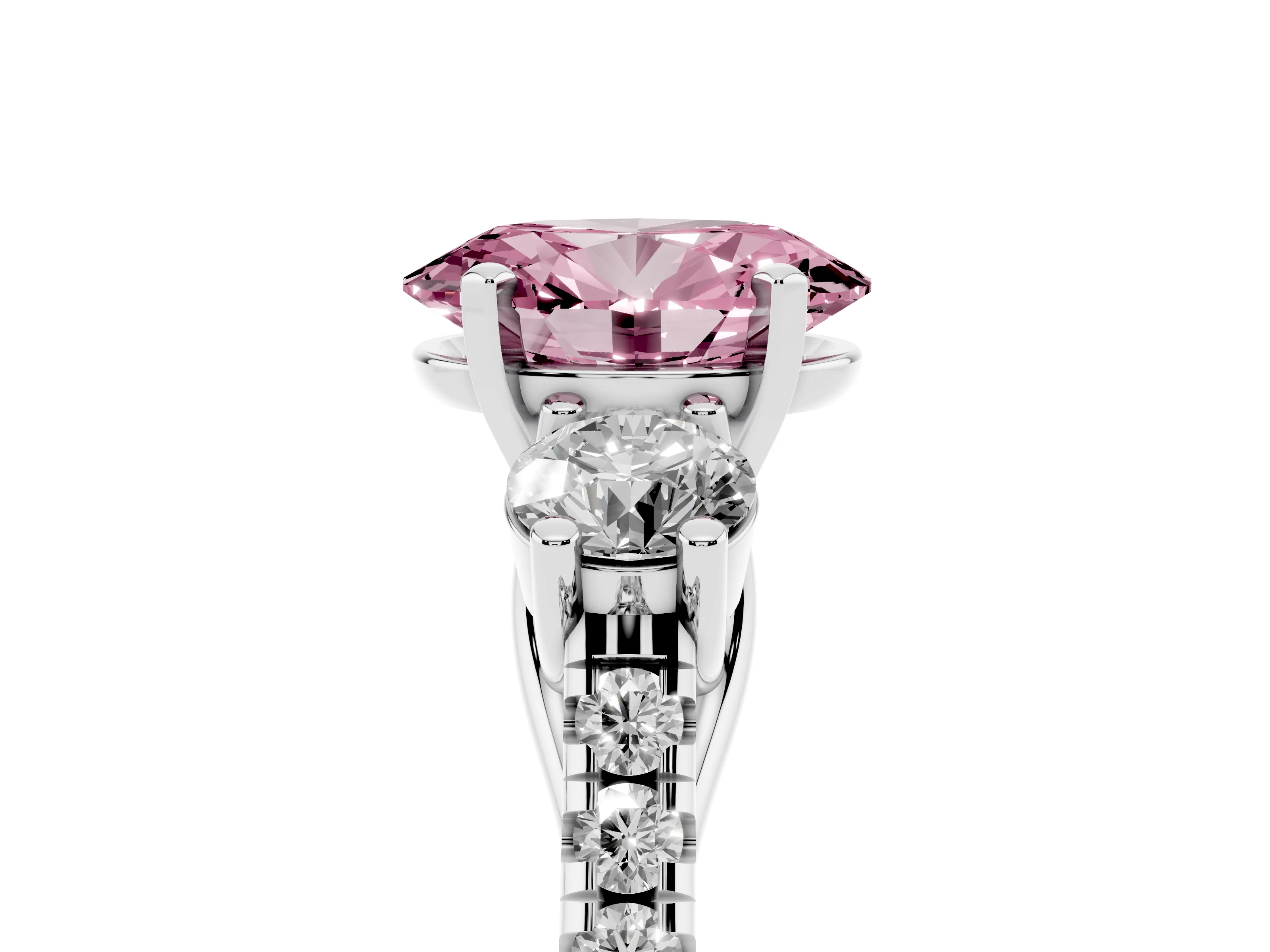 Fancy Pink Three-Stone Oval Cut Diamond Pavé Band Ring Set in White gold with Prong-Set Trio