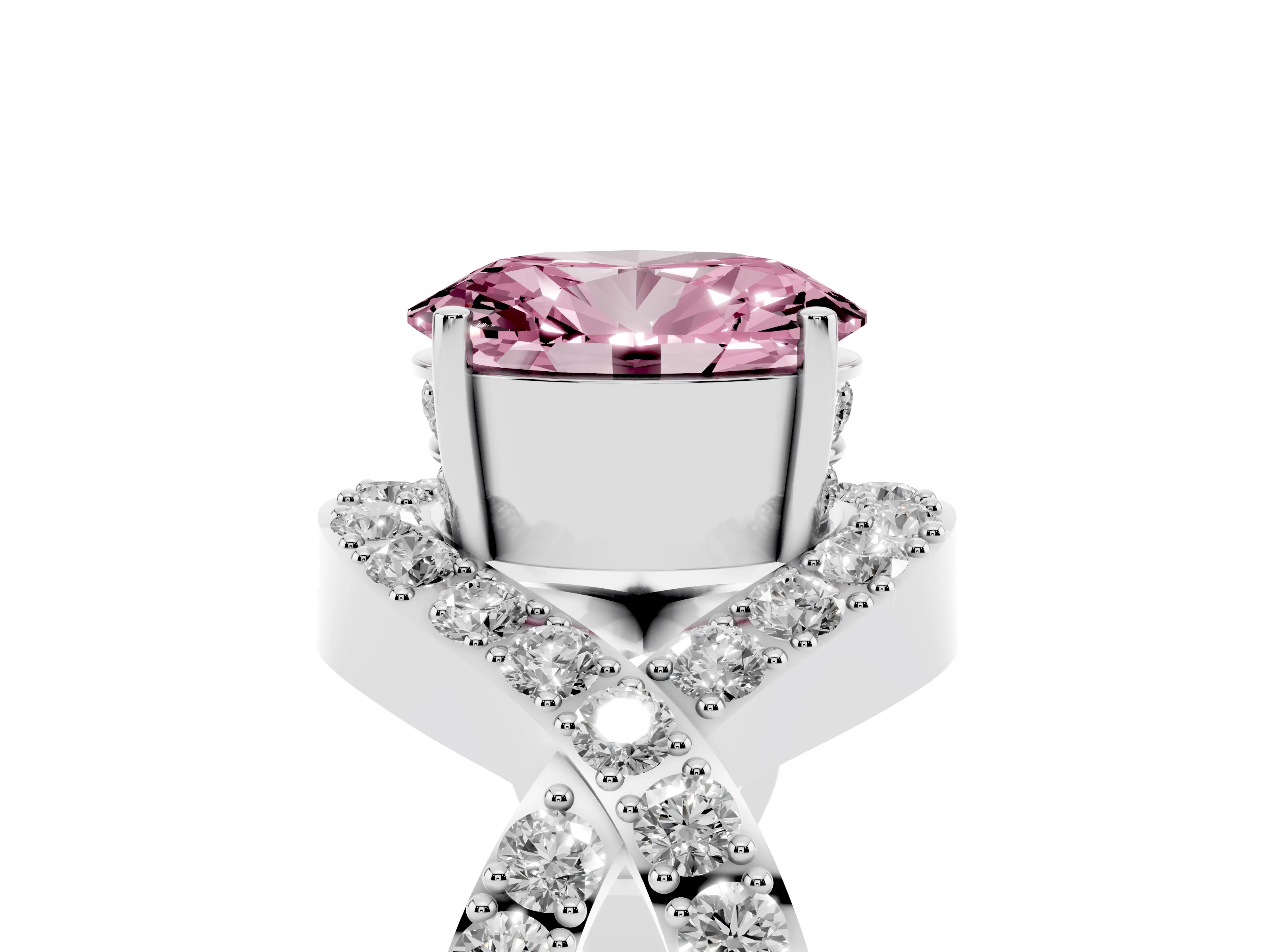 Fancy Pink Oval Cut Diamond Solitaire Twist Band Pavé Engagement Ring Set in Platinum
