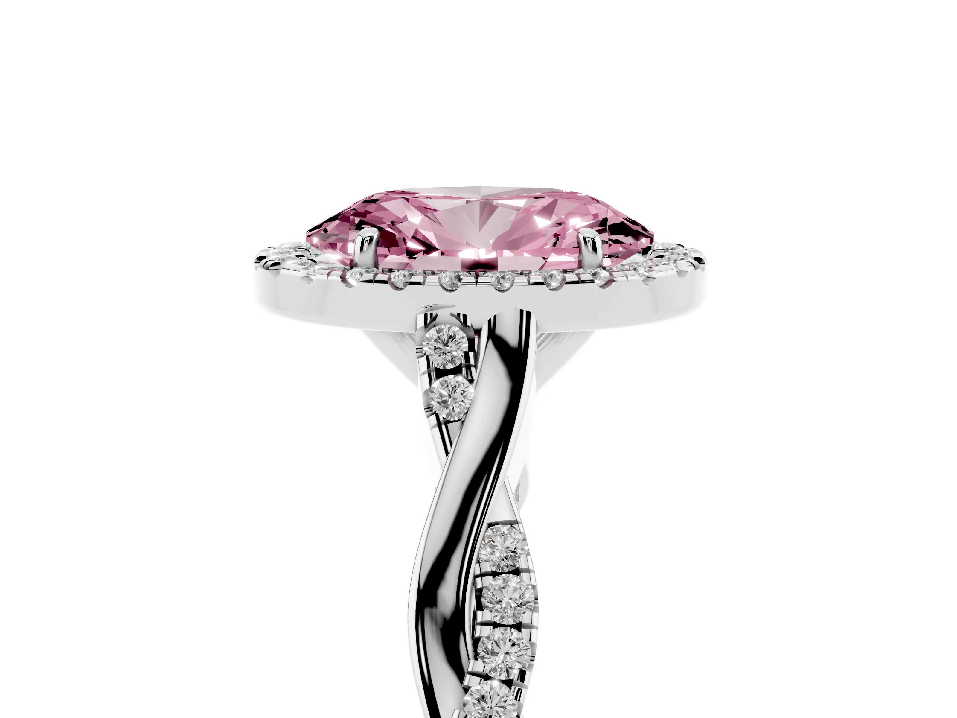 Fancy Pink Oval Cut Diamond Halo Twist Band Solitaire Ring Set in Silver with Prong Setting