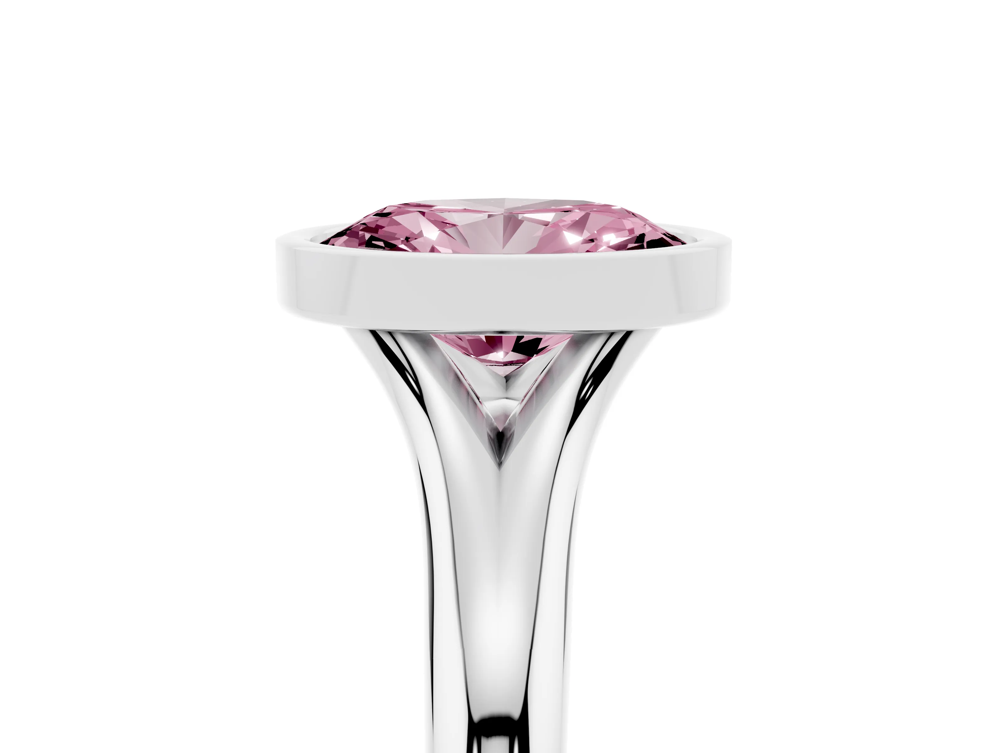 Fancy Pink Bezel Set Oval Cut Diamond Solitaire Ring Set in White gold with Smooth Band