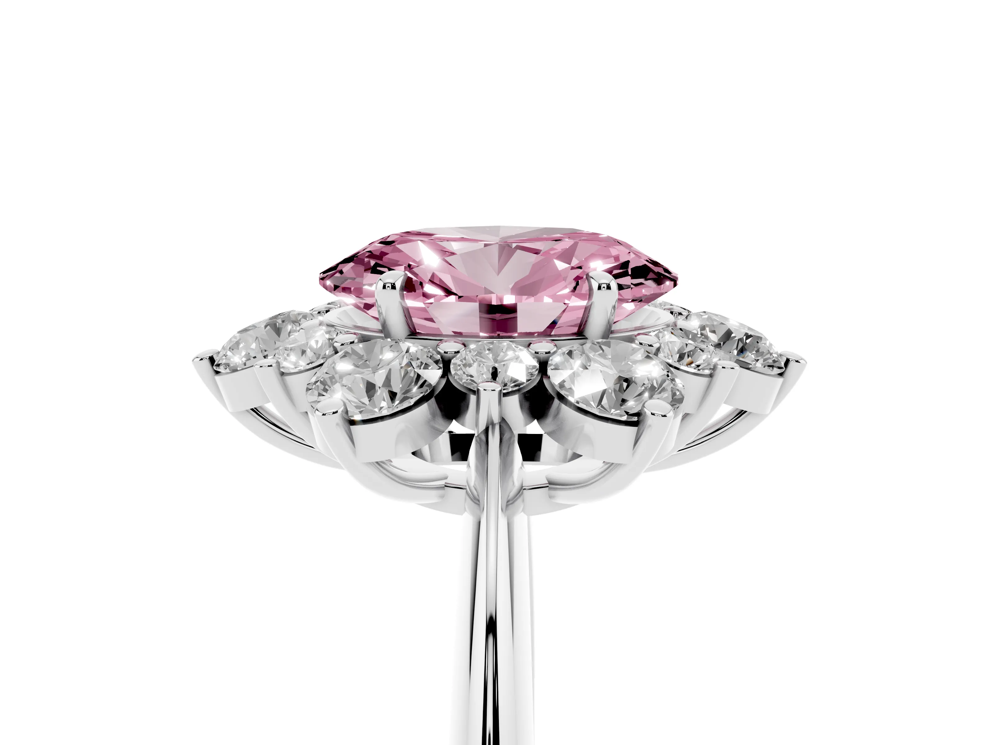 Fancy Pink Oval Cut Diamond Cluster Halo Ring Set in Silver with Solitaire Band and Prong Setting