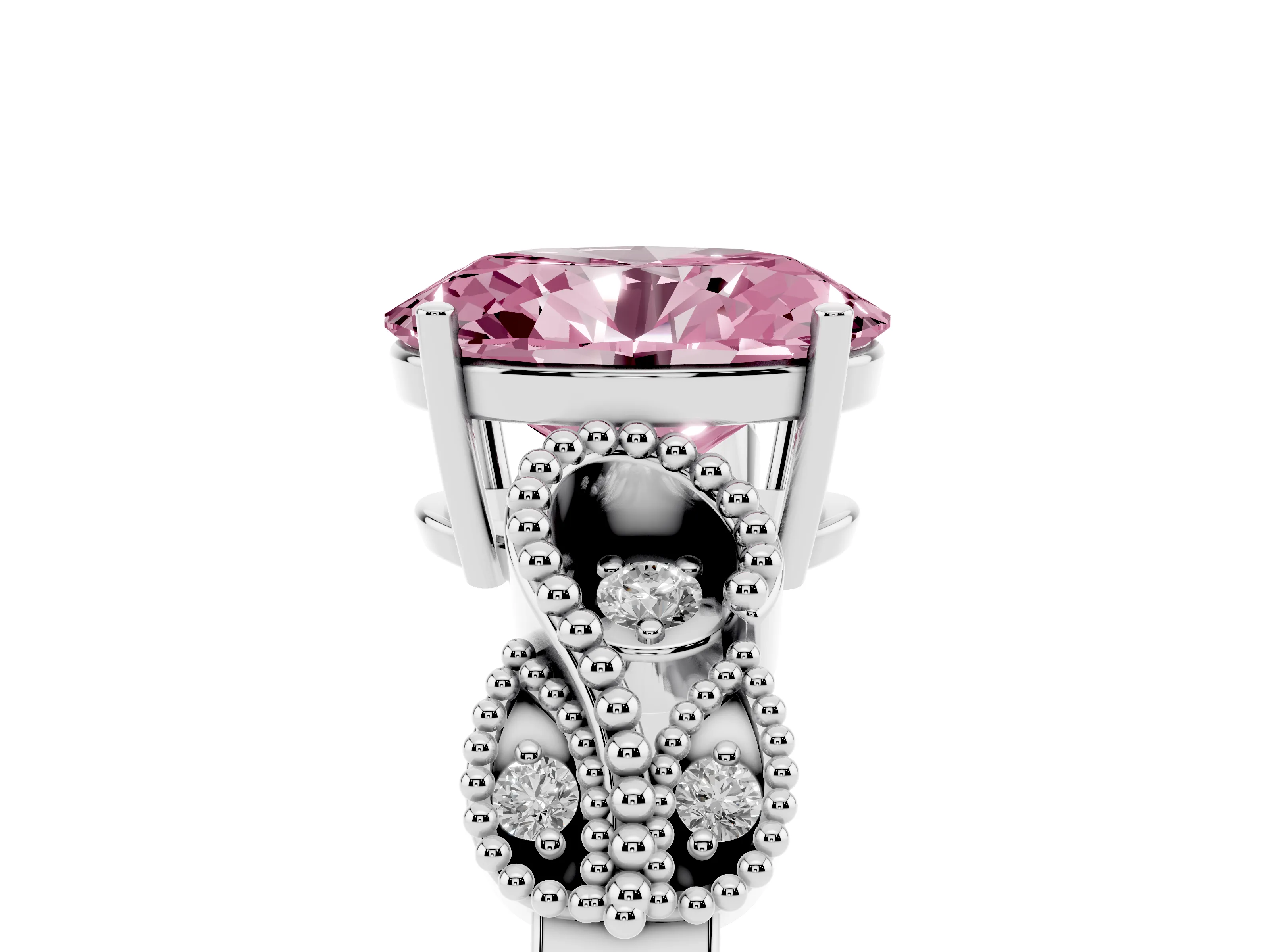 Fancy Pink Oval Cut Diamond Milgrain Leaf Band Solitaire Ring Set in White gold with Accent Stones and Prong Setting