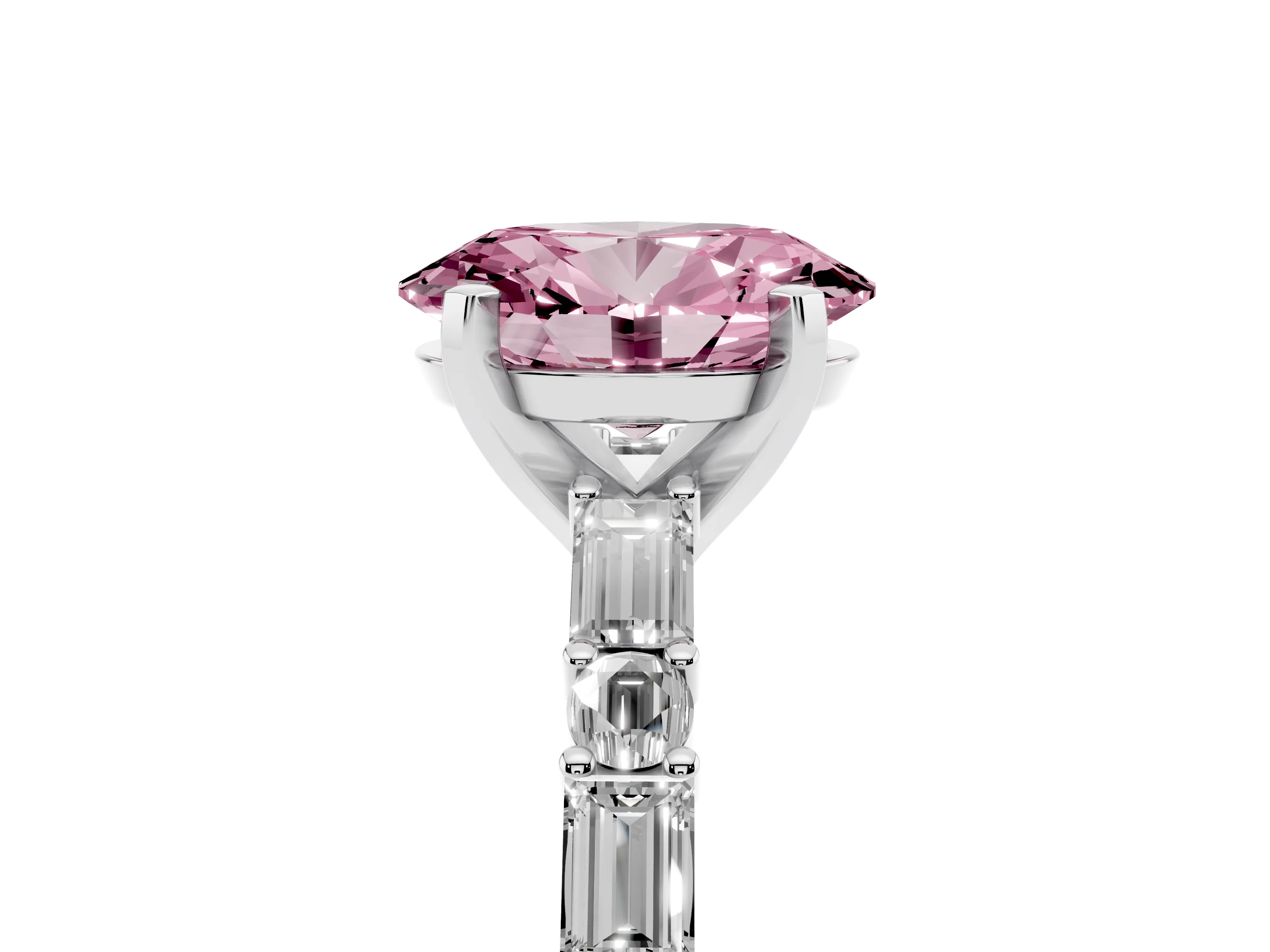 Fancy Pink Oval Cut Diamond Solitaire Set in White gold with Side Baguettes and Channel Set Band