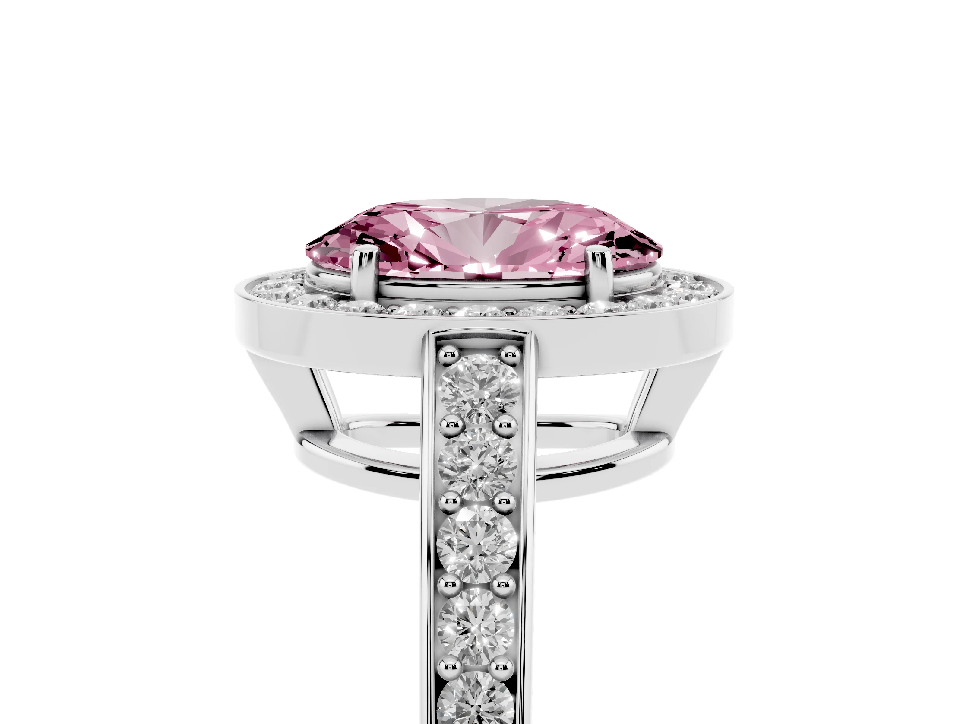 Fancy Pink Oval Cut Diamond Halo Pavé Engagement Ring Set in Platinum with Bezel Setting