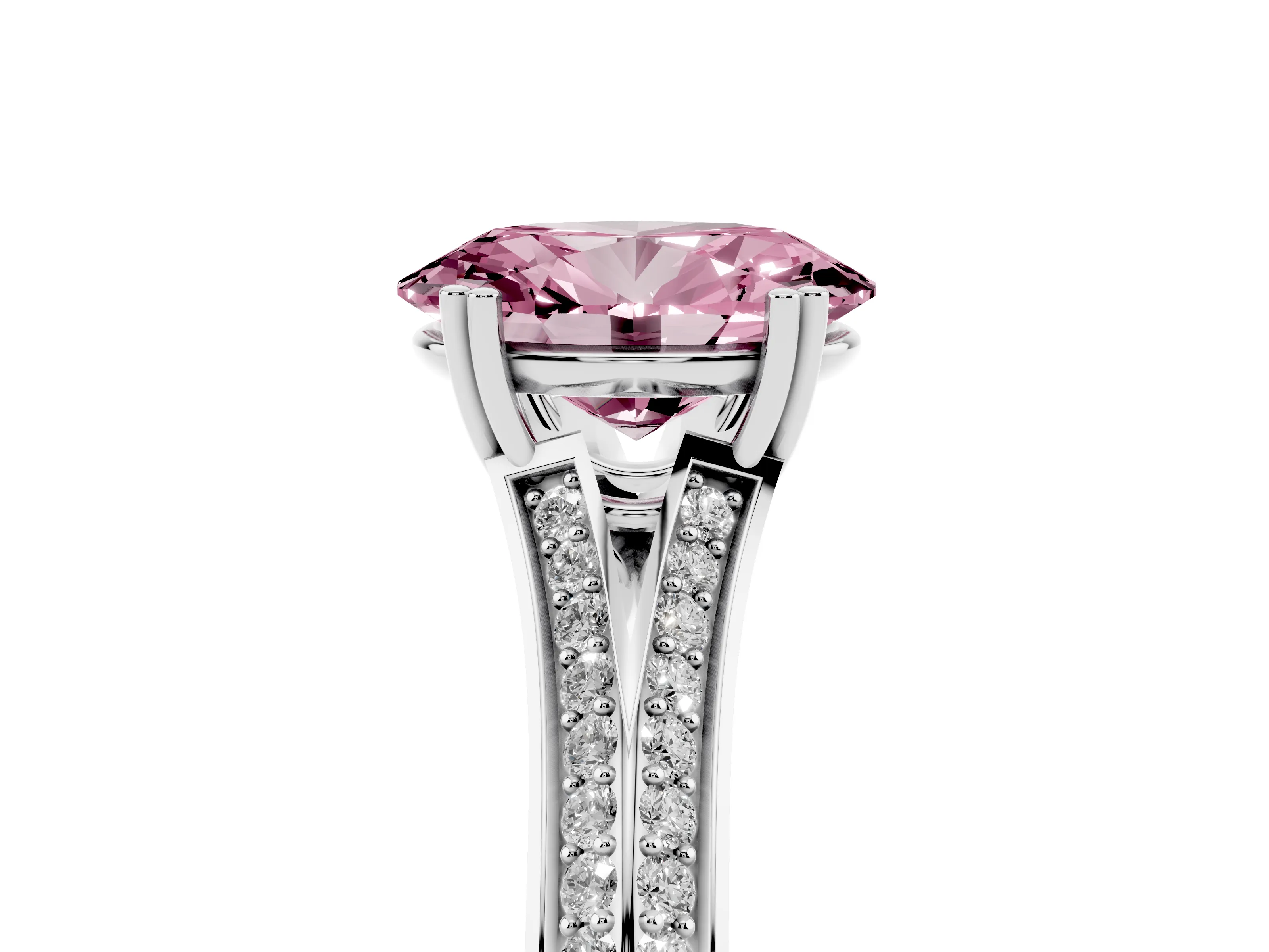 Fancy Pink Oval Cut Diamond Split Shank Pavé Engagement Ring Set in White gold with Prong-Set Center Stone
