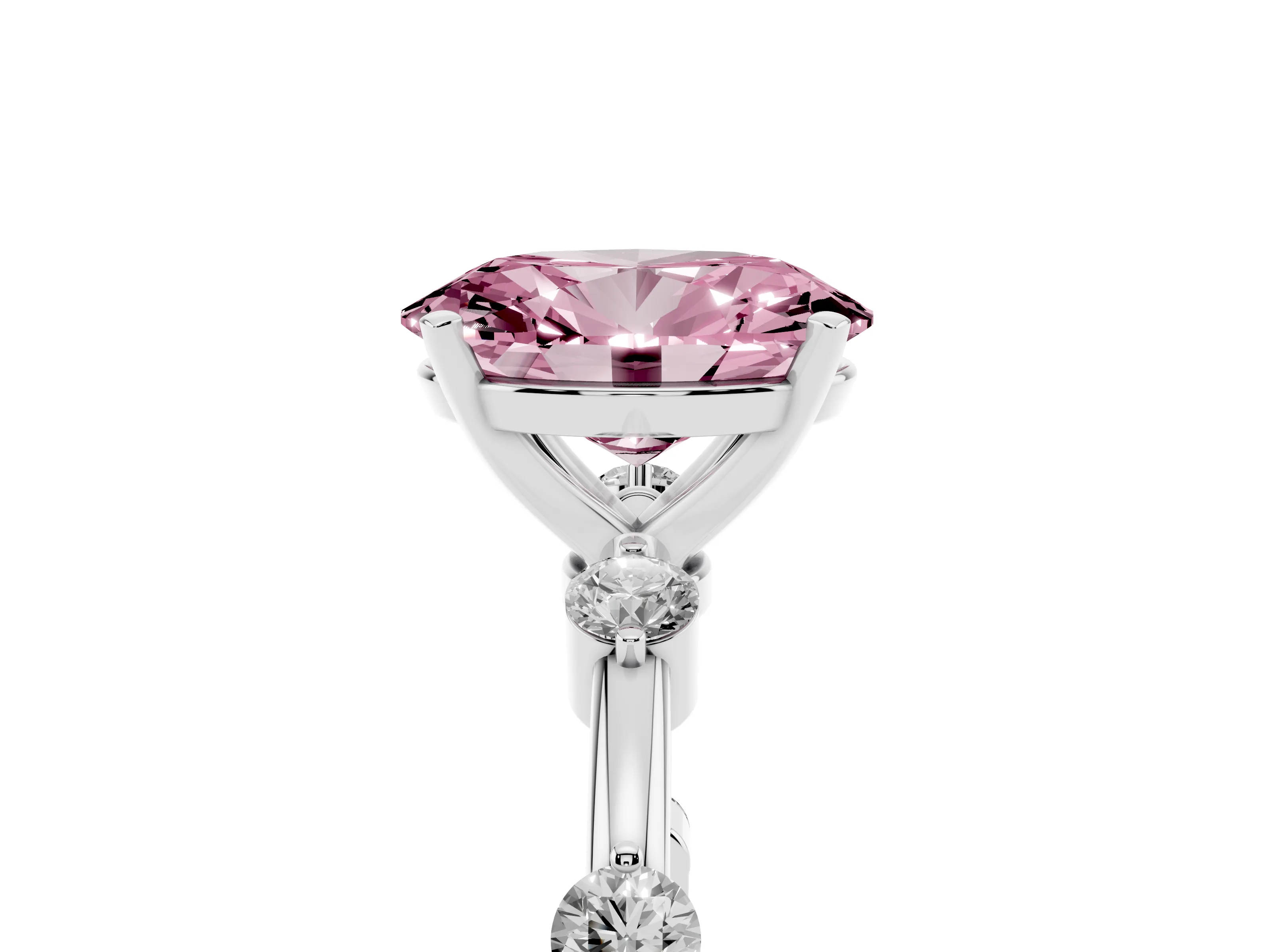 Fancy Pink Oval Cut Diamond Solitaire Ring Set in Silver with Bezel Set Side Stones and Prong Setting