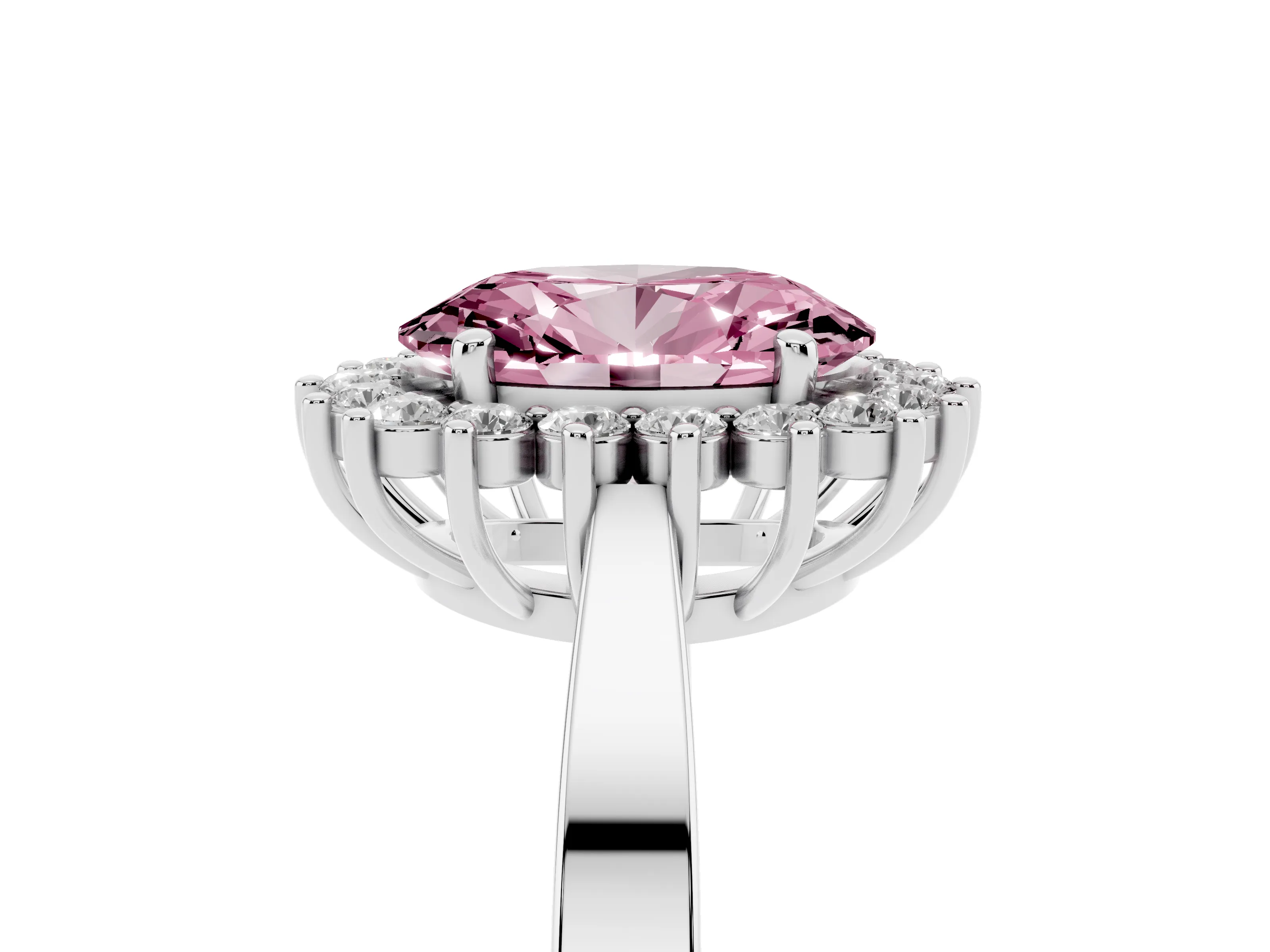 Fancy Pink Oval Cut Diamond Halo Ring Set in White gold with Round Halo and Smooth Solitaire Band