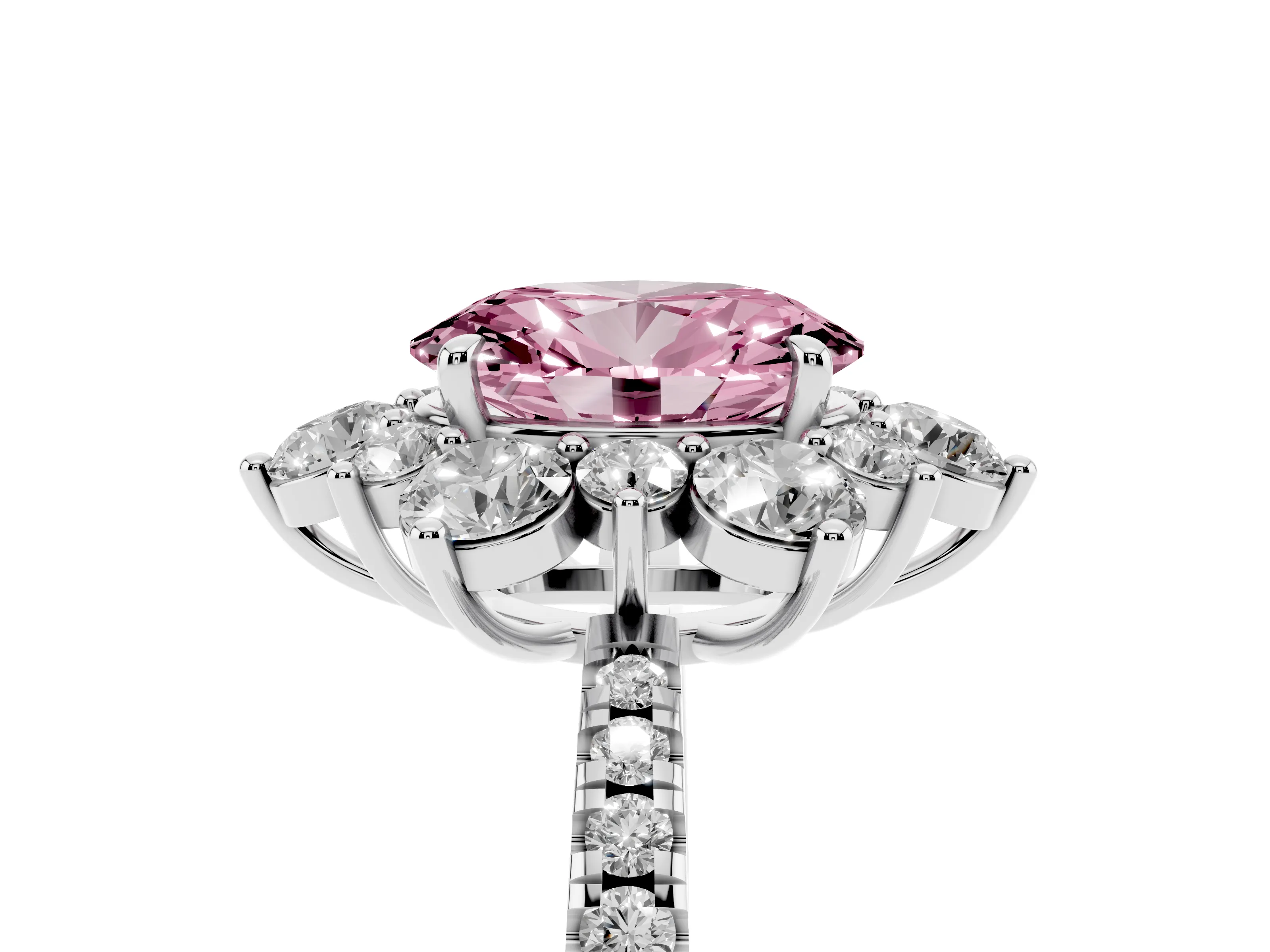 Fancy Pink Oval Cut Diamond Floral Halo Ring Set in Platinum with Round Pavé Band and Prong Setting