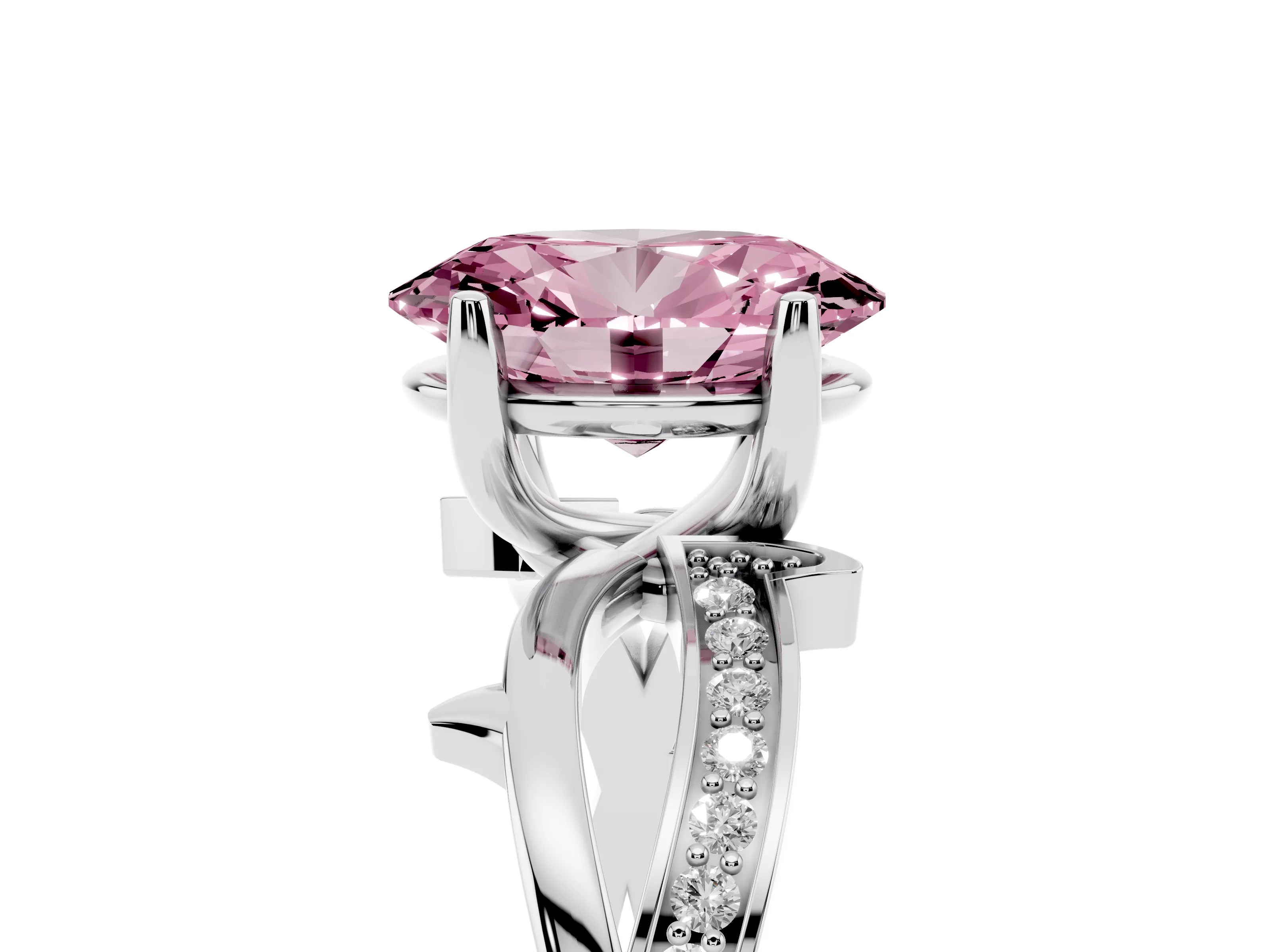 Fancy Pink Oval Cut Diamond Pavé Twist Band Solitaire Ring Set in Platinum with Prong Setting