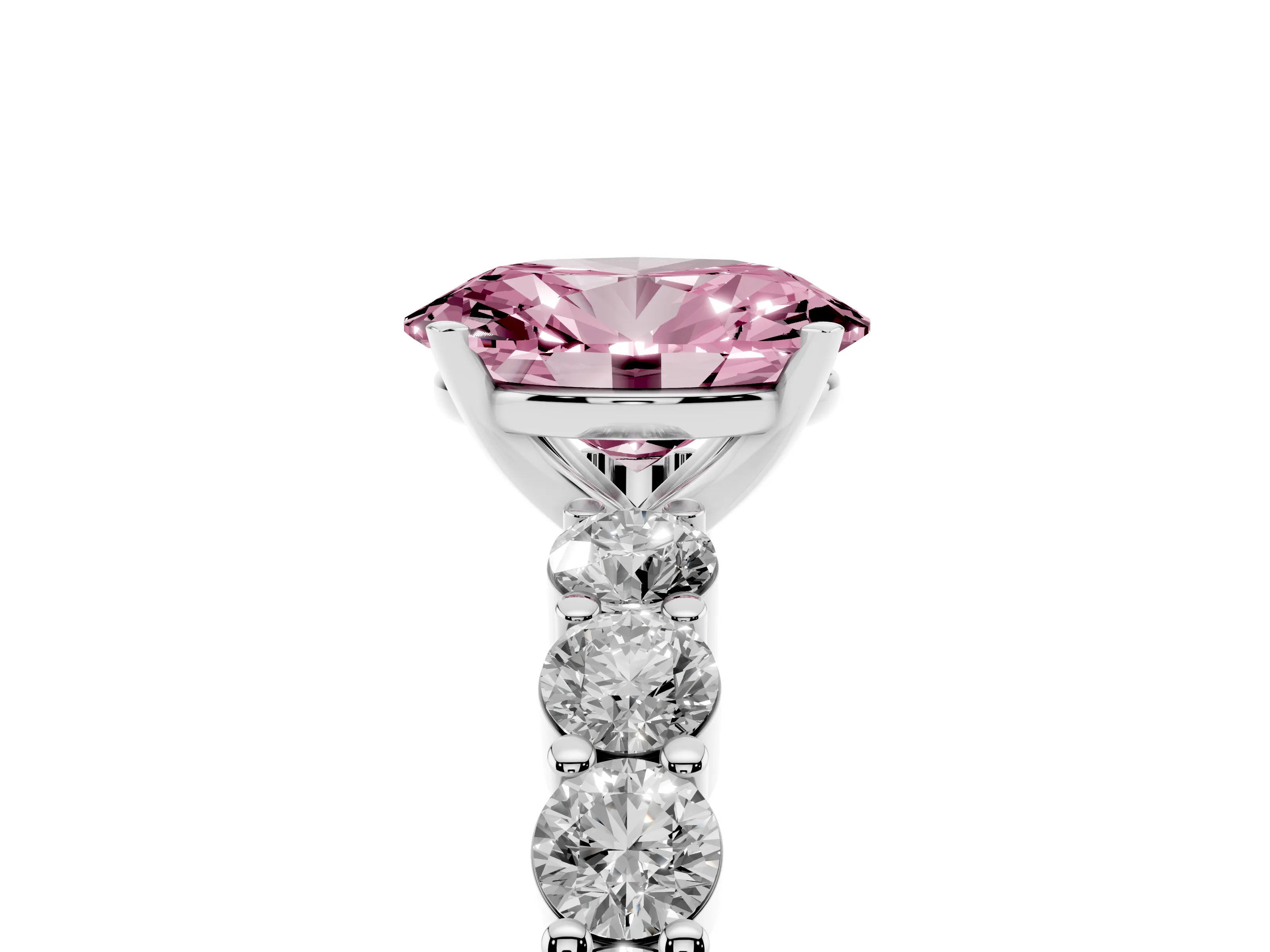 Fancy Pink Oval Cut Diamond Solitaire Ring Set in Platinum with Shared Prong Round Side Stones