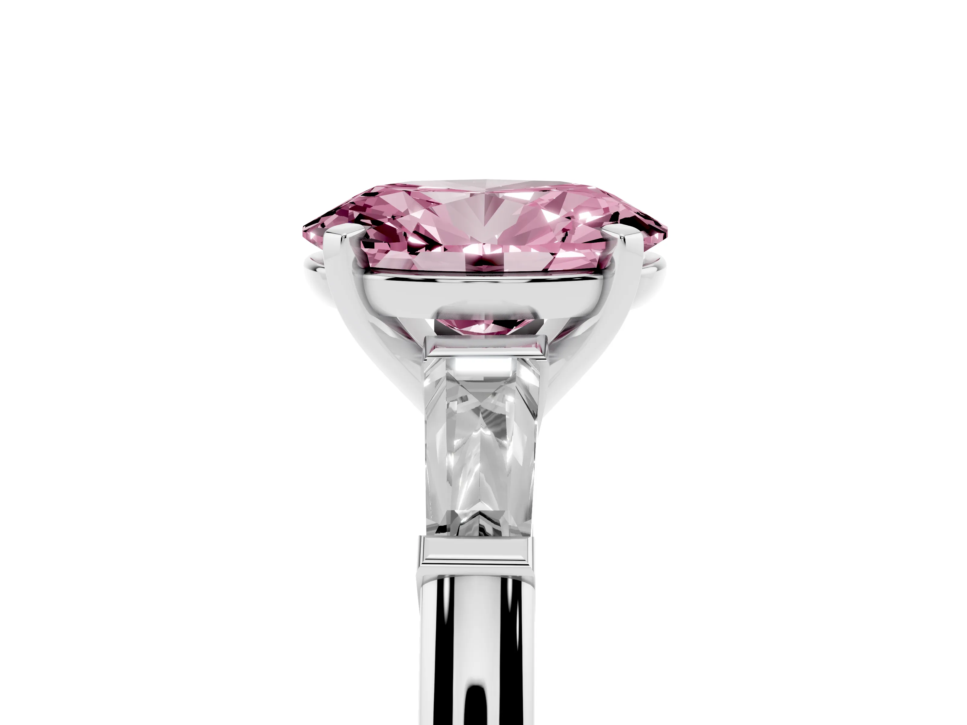 Fancy Pink Oval Cut Diamond Solitaire Ring Set in Platinum with Tapered Baguette Side Stones and Prong Setting
