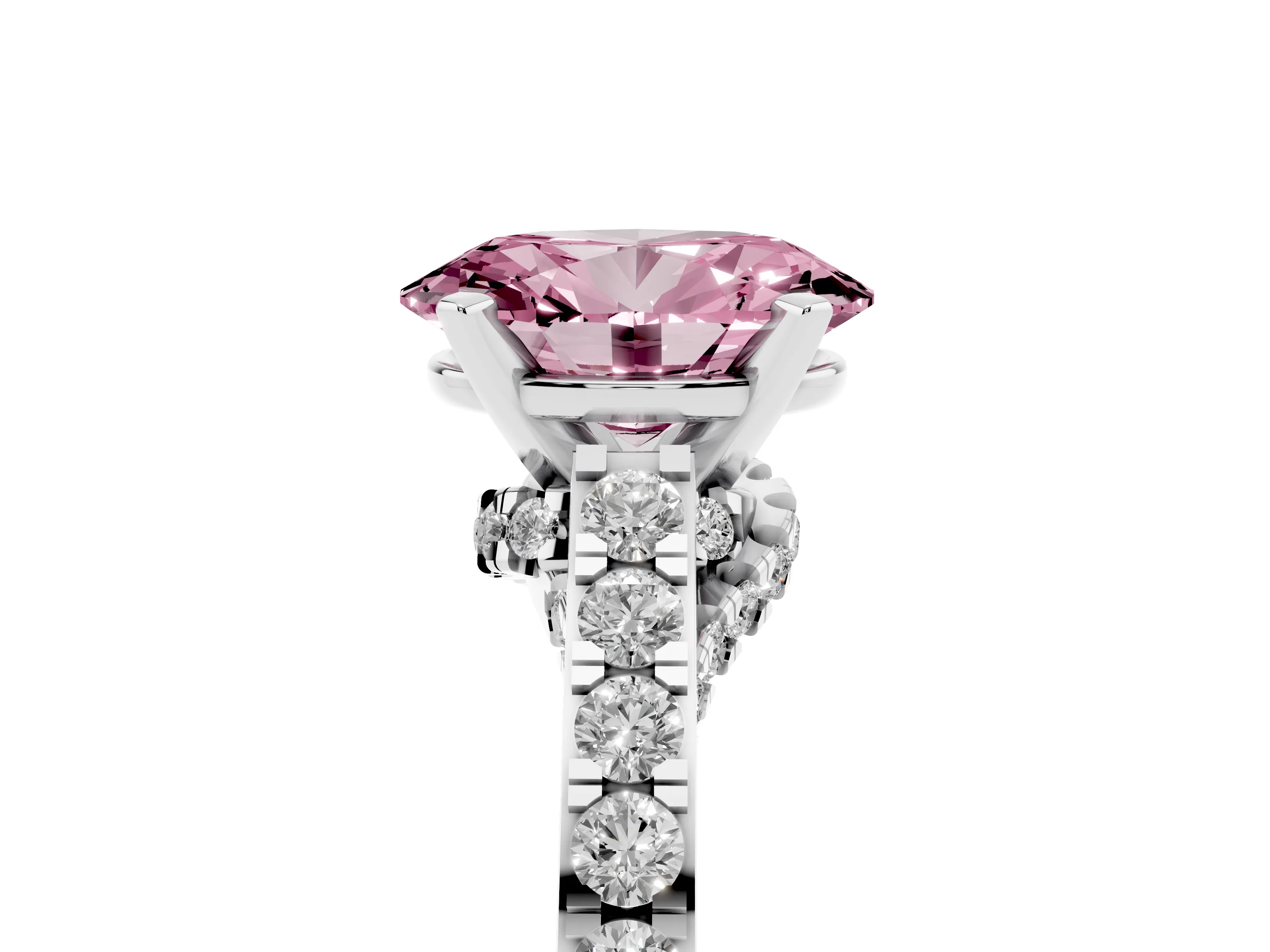 Fancy Pink Oval Cut Diamond Solitaire Ring Set in Platinum with Crossover Gallery and Round Pavé Band
