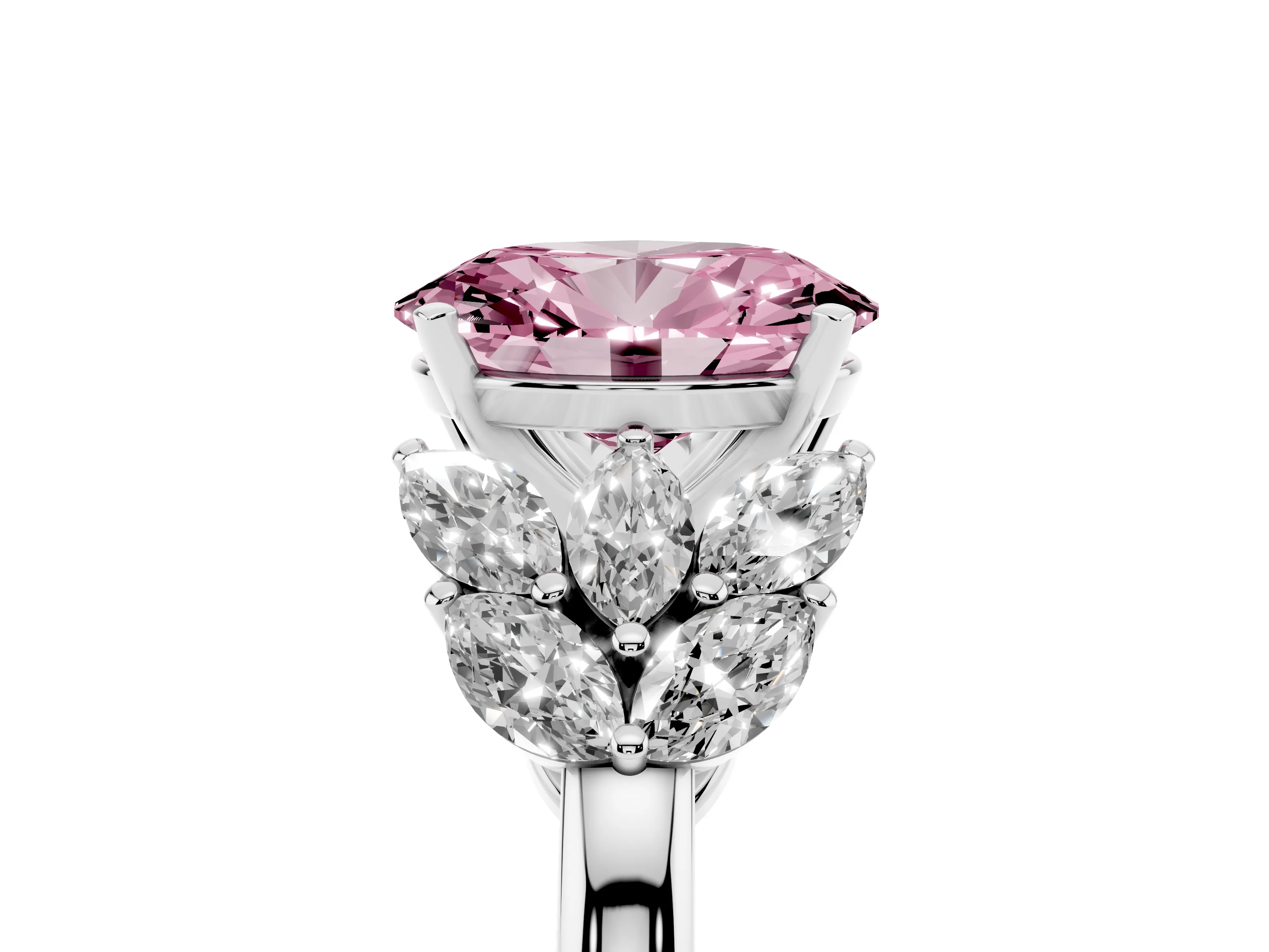 Fancy Pink Oval Cut Diamond Cluster Leaf Design Ring Set in White gold with Prong Setting