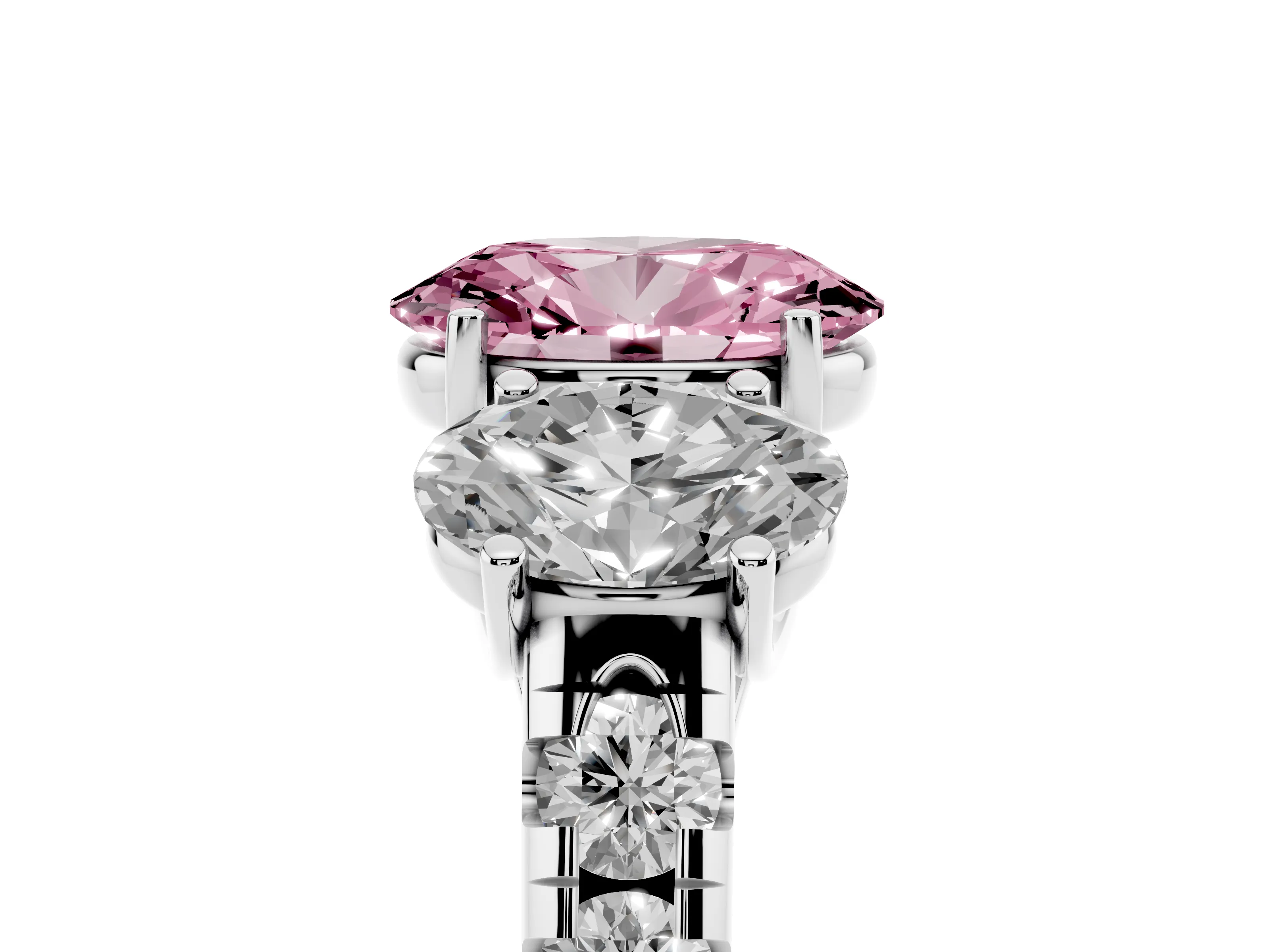 Fancy Pink Oval Cut Diamond Three-Stone Ring Set in Silver with Pavé Band