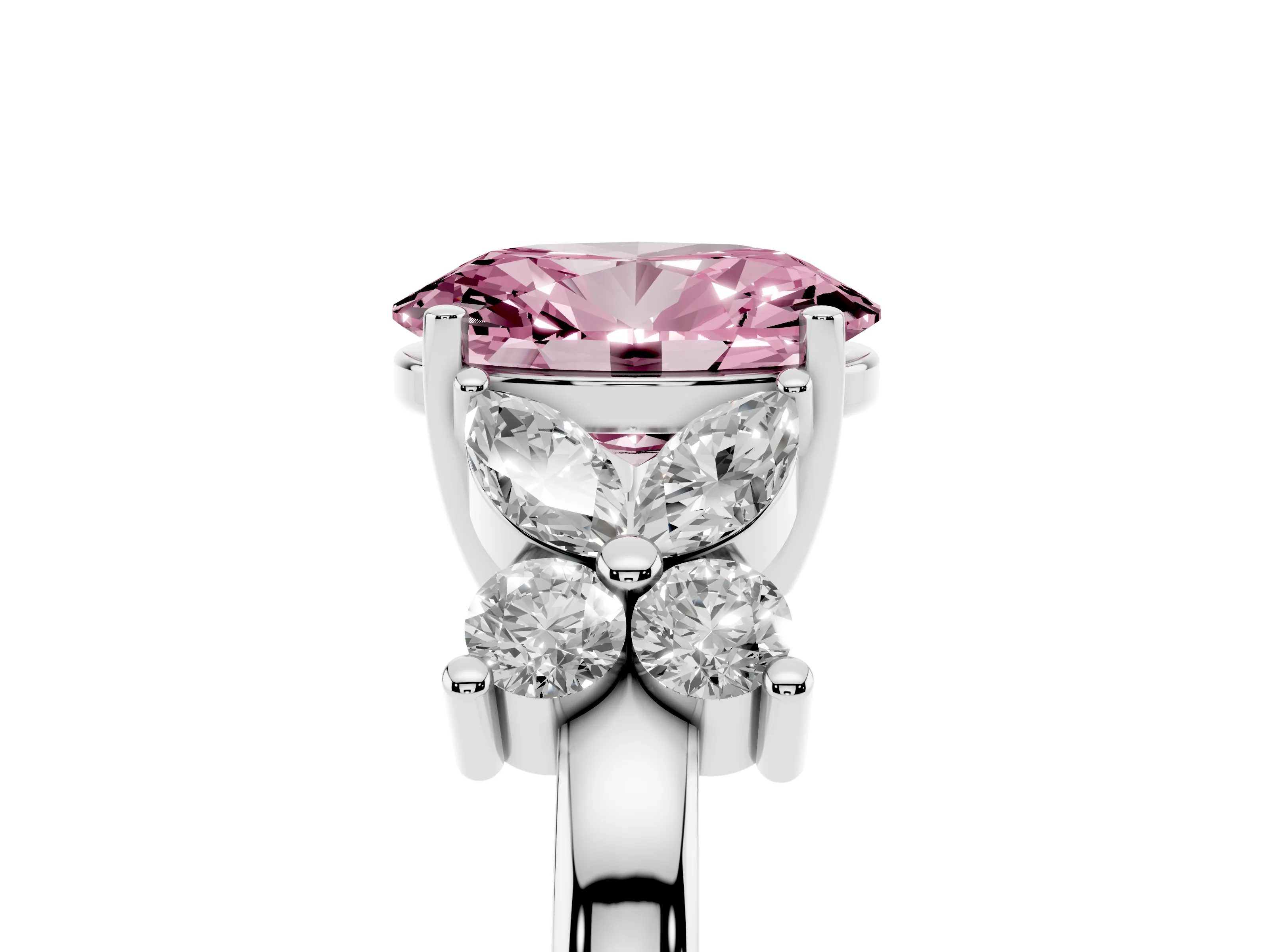 Fancy Pink Oval Cut Diamond Floral Cluster Ring Set in Silver with Marquise Petals and Prong Setting