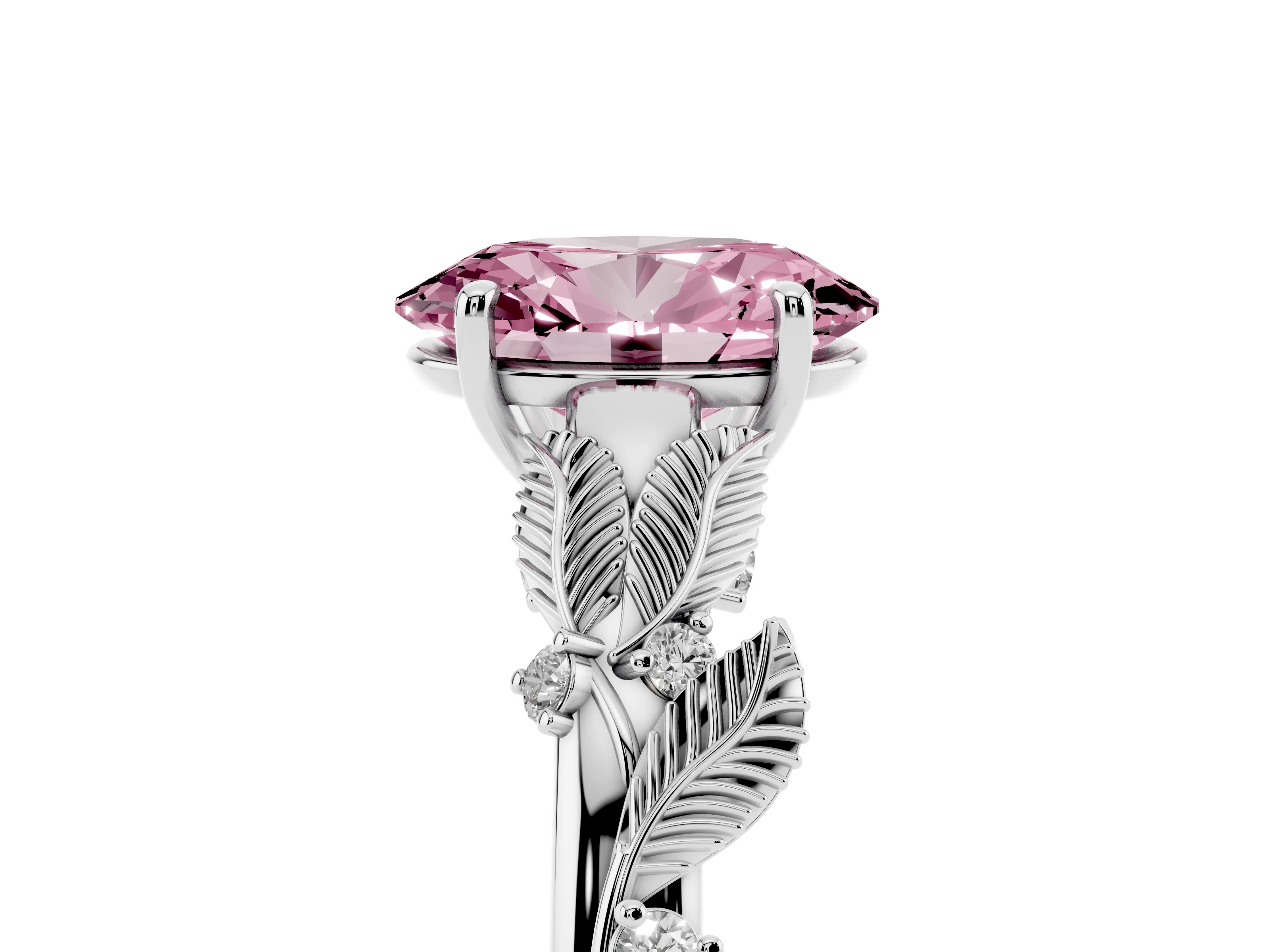 Fancy Pink Oval Cut Diamond Solitaire Ring Set in White gold with Leaf Motif Band