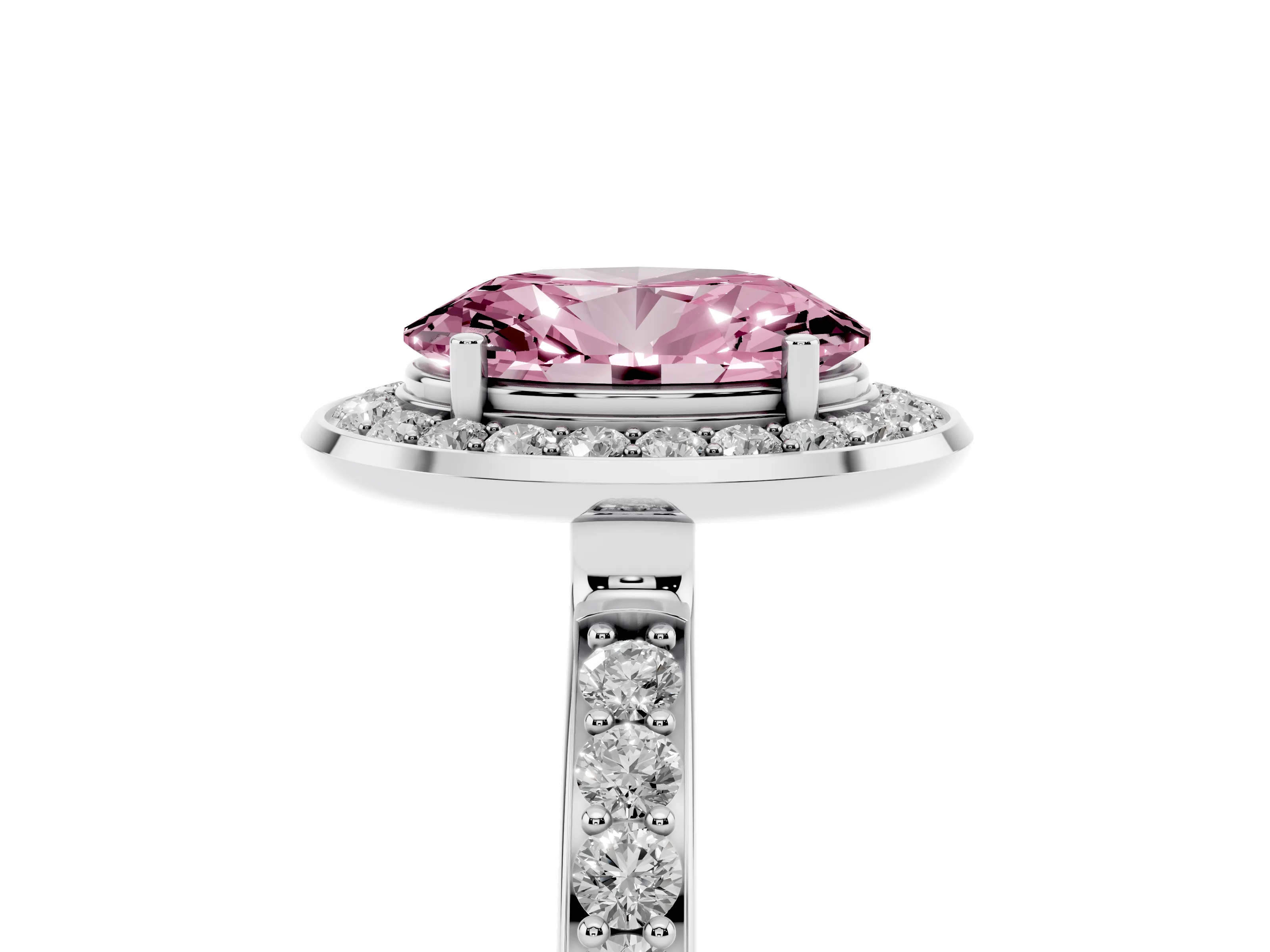 Fancy Pink Oval Cut Diamond Halo Ring Set in White gold with Bezel Frame and Pavé Band