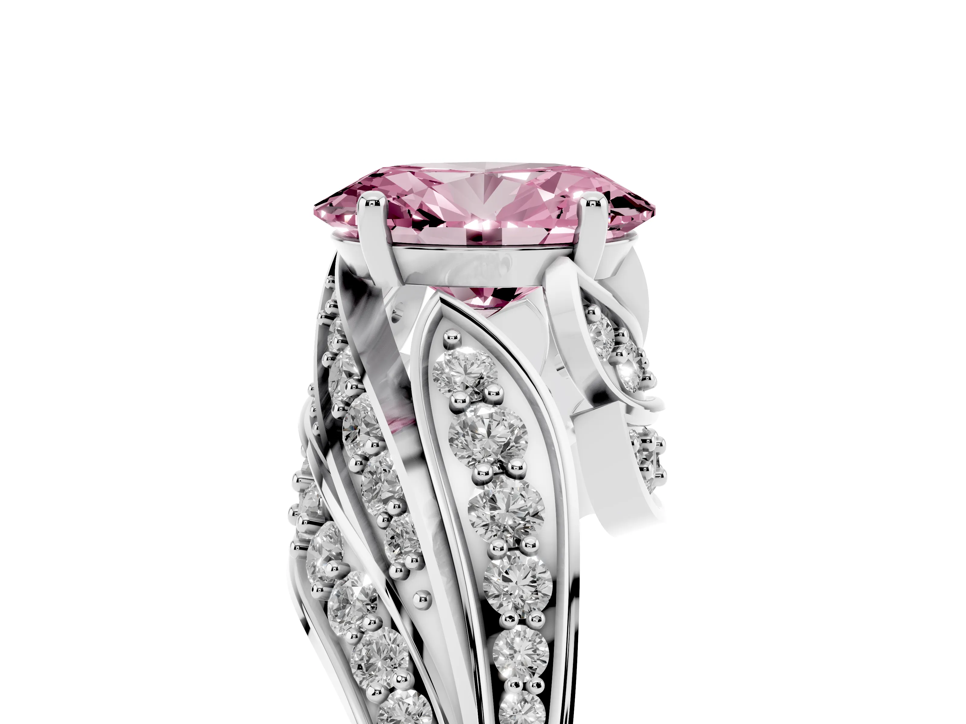 Fancy Pink Oval Cut Diamond Solitaire Ring Set in Platinum with Layered Twist Pavé Band