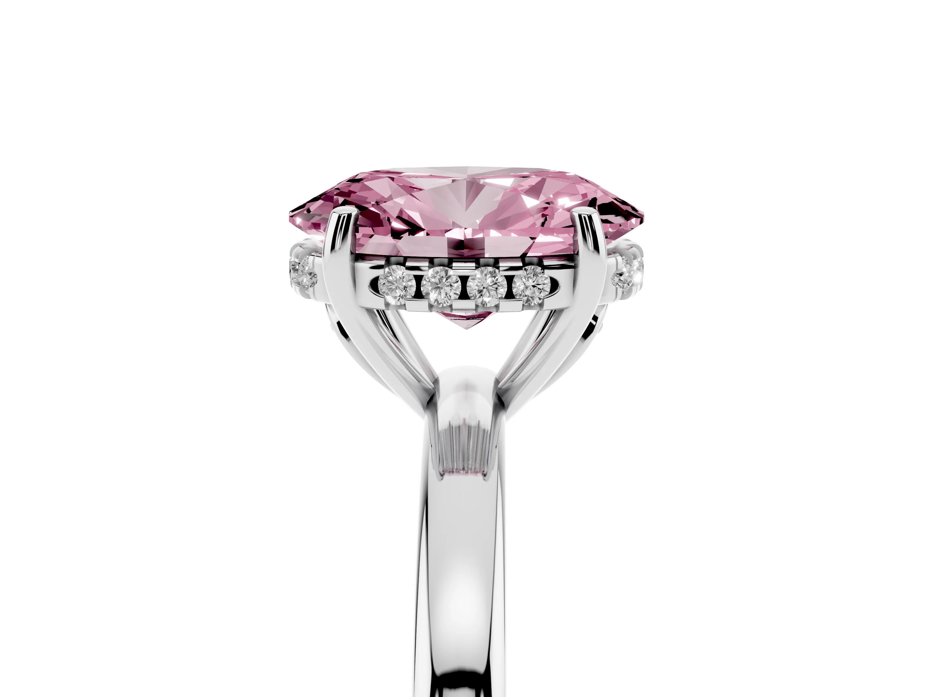 Fancy Pink Oval Cut Diamond Solitaire Ring Set in Silver with Plain Band and Prong Setting