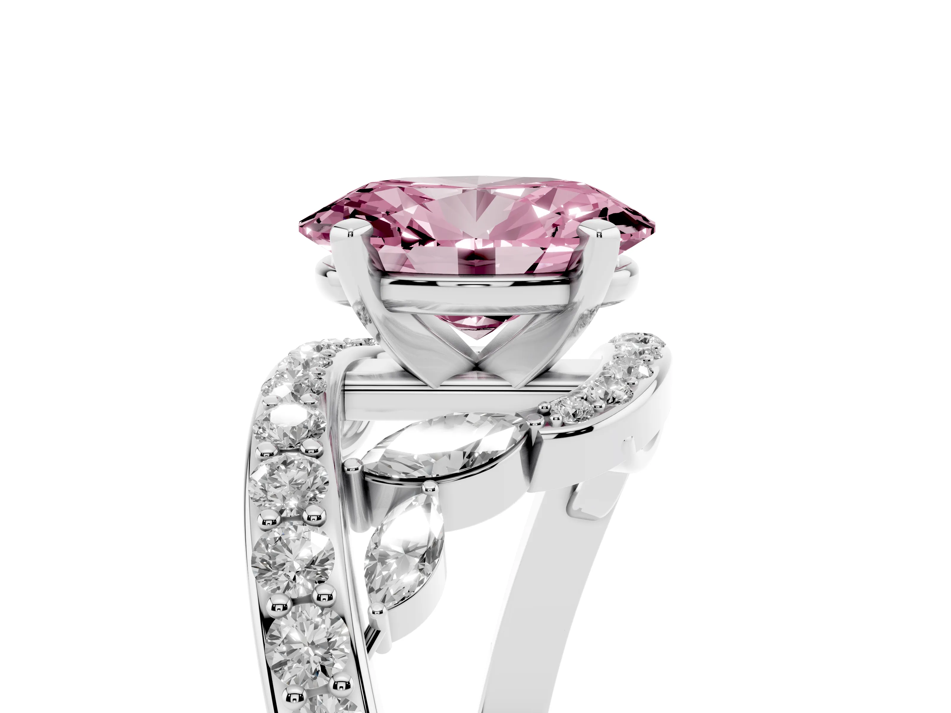 Fancy Pink Oval Cut Diamond Solitaire Ring Set in Silver with Pavé Twist Band and Secure Prong Setting