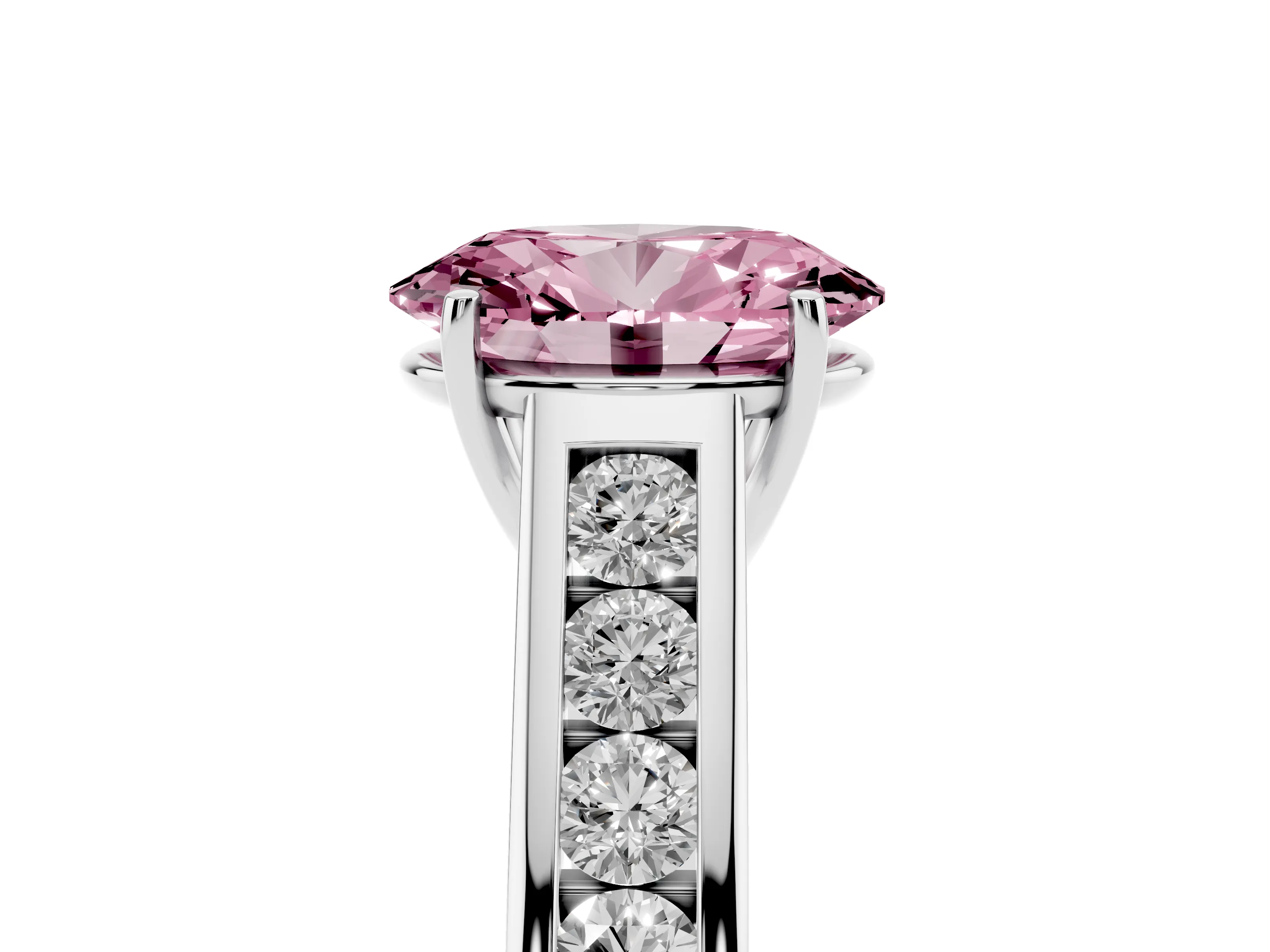 Fancy Pink Oval Cut Diamond Solitaire Channel-Set Engagement Ring Set in Silver with Prong Setting