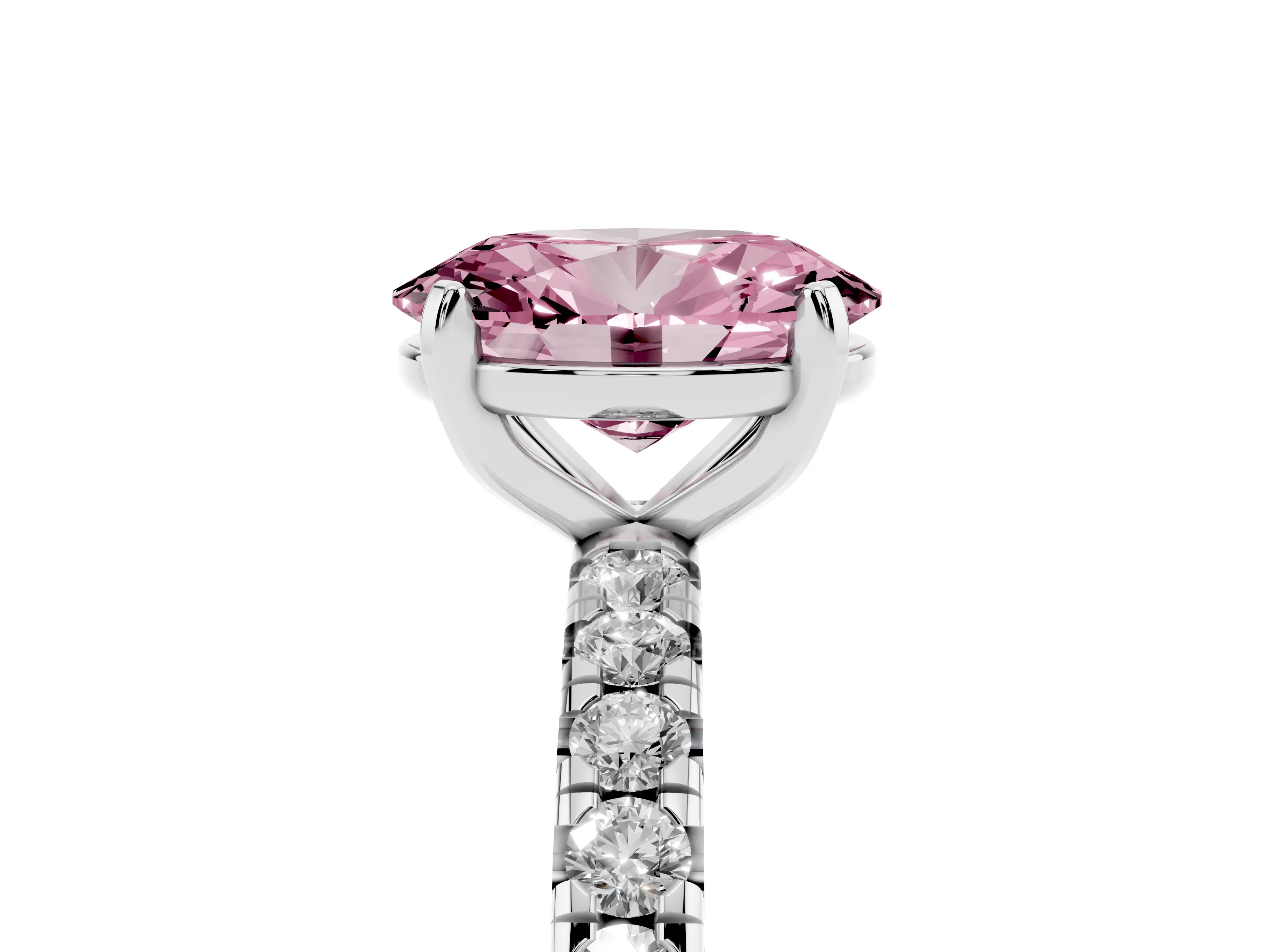Fancy Pink Oval Cut Diamond Pavé Solitaire Ring Set in Platinum with Round Band and Prong Setting