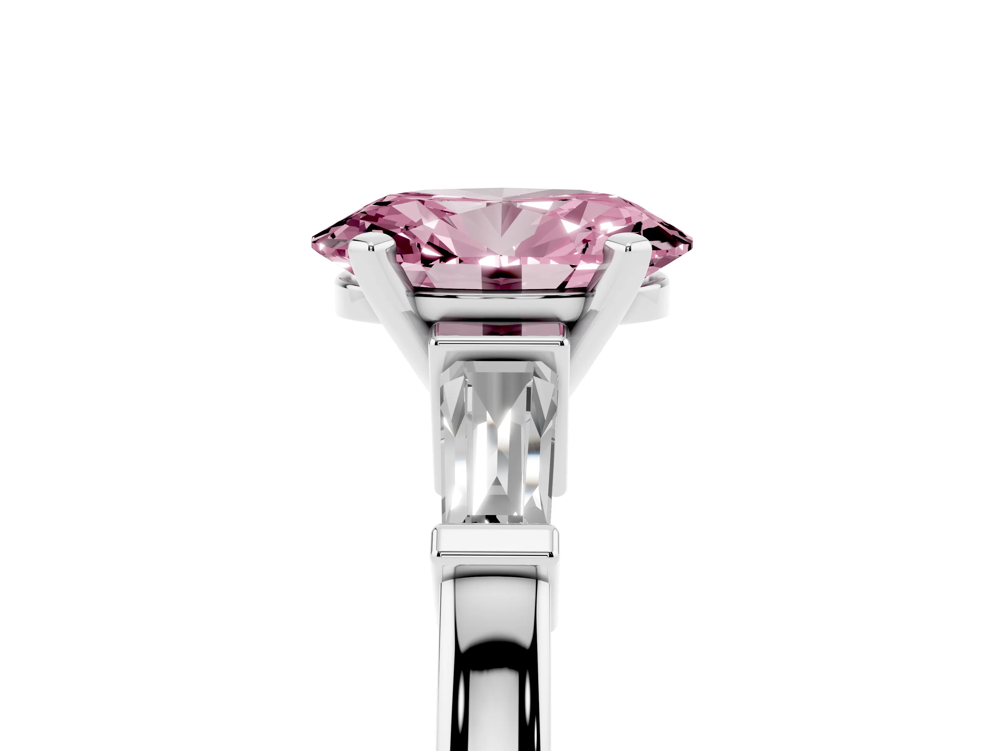 Fancy Pink Oval Cut Diamond Solitaire Ring Set in Silver with Tapered Baguette Accents and Prong Setting