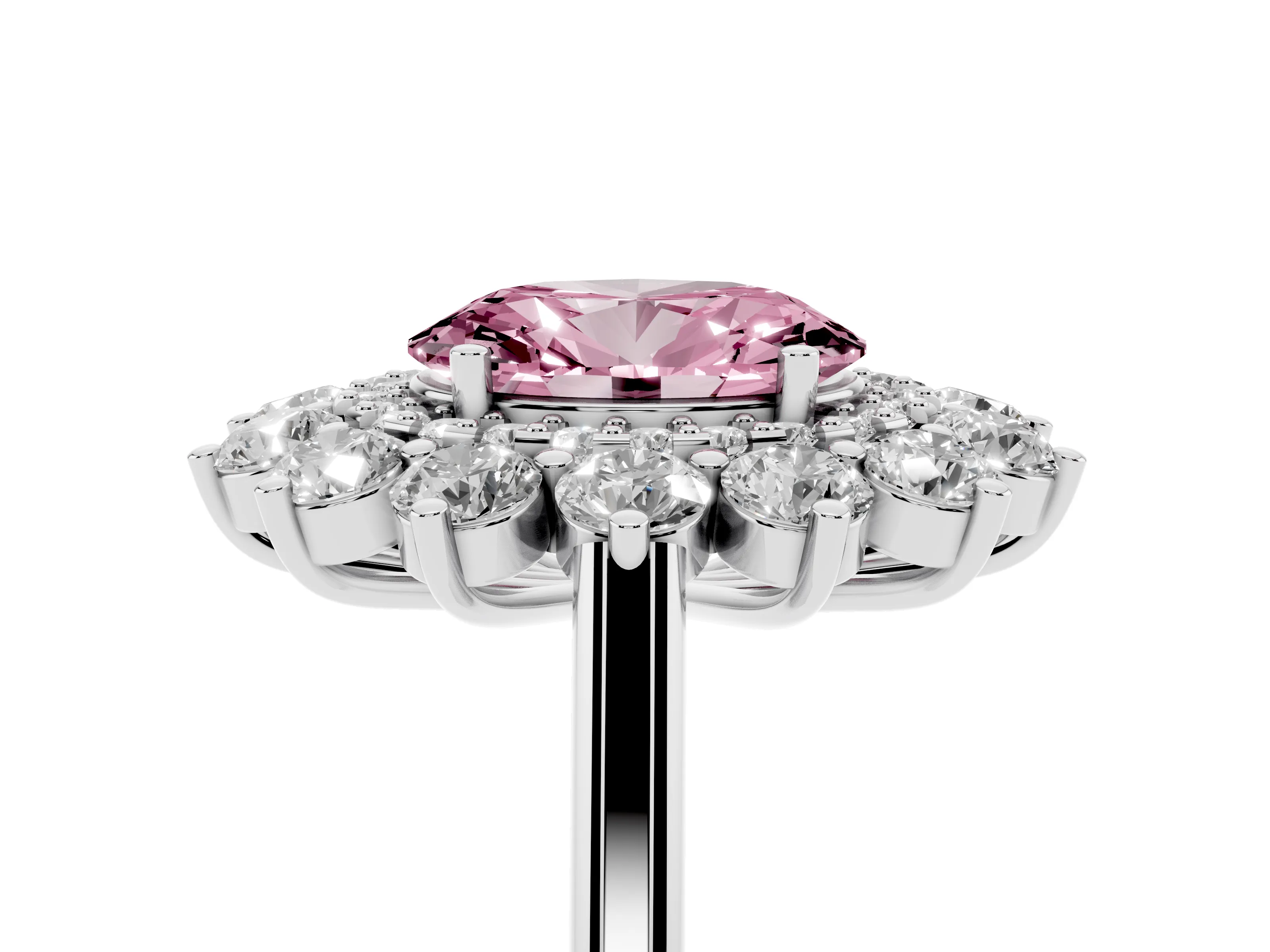 Fancy Pink Oval Cut Diamond Floral Double Halo Ring Set in Platinum with Round Petals