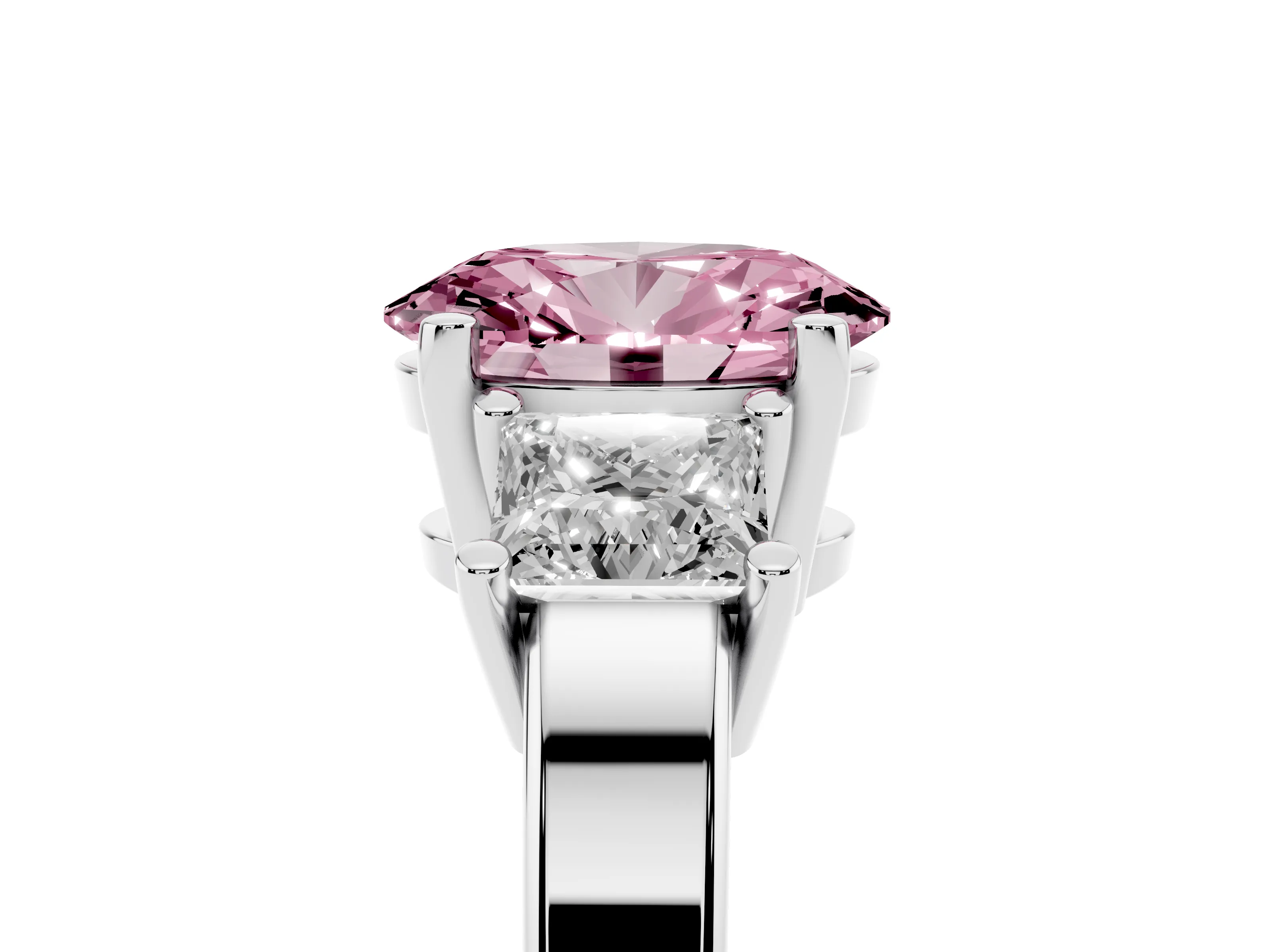 Fancy Pink Three-Stone Oval Cut Diamond Solitaire Ring Set in Platinum with Prong Setting