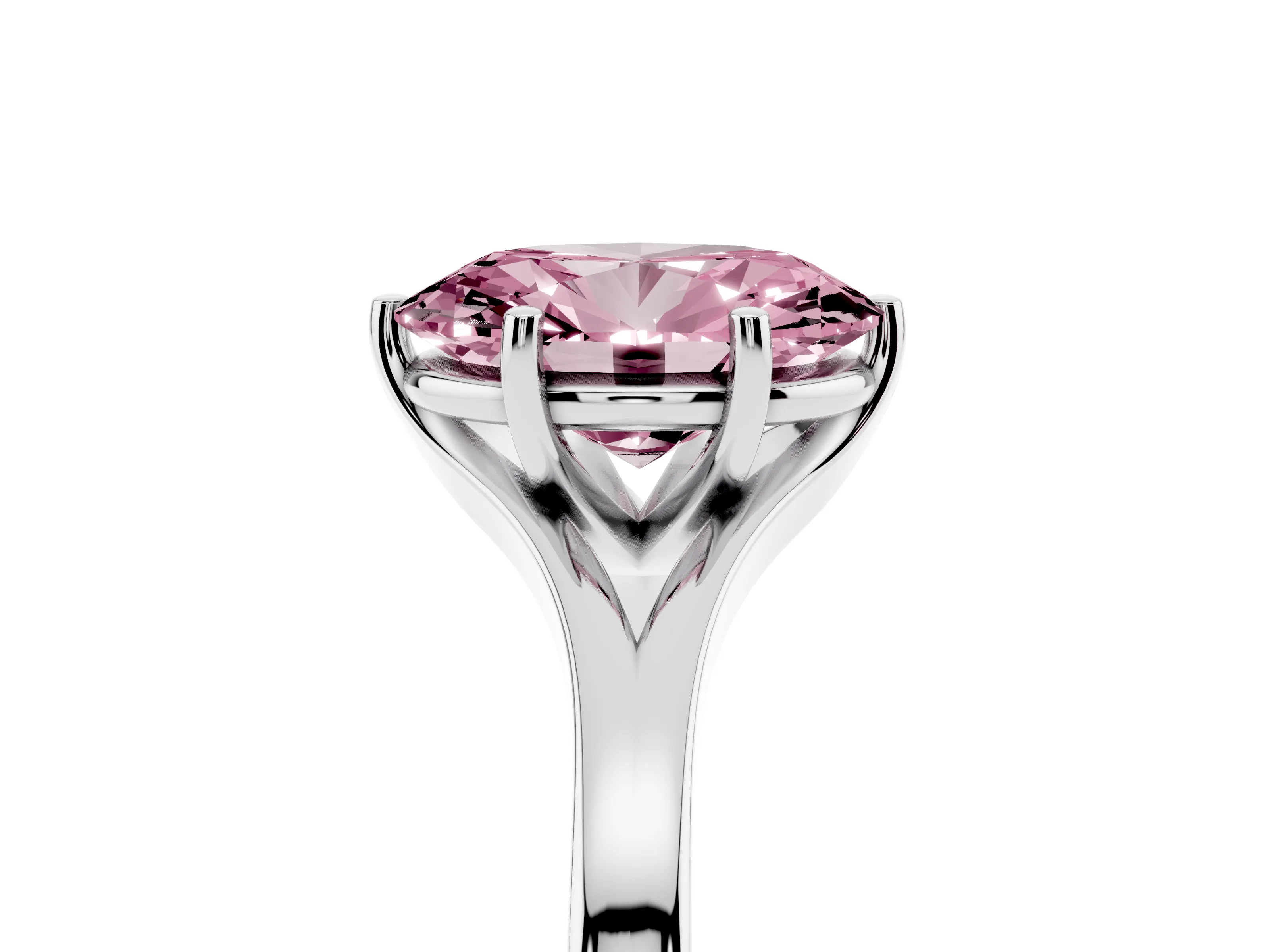 Fancy Pink Oval Cut Diamond Solitaire Ring Set in Silver with Polished Tapered Band and Prong Setting