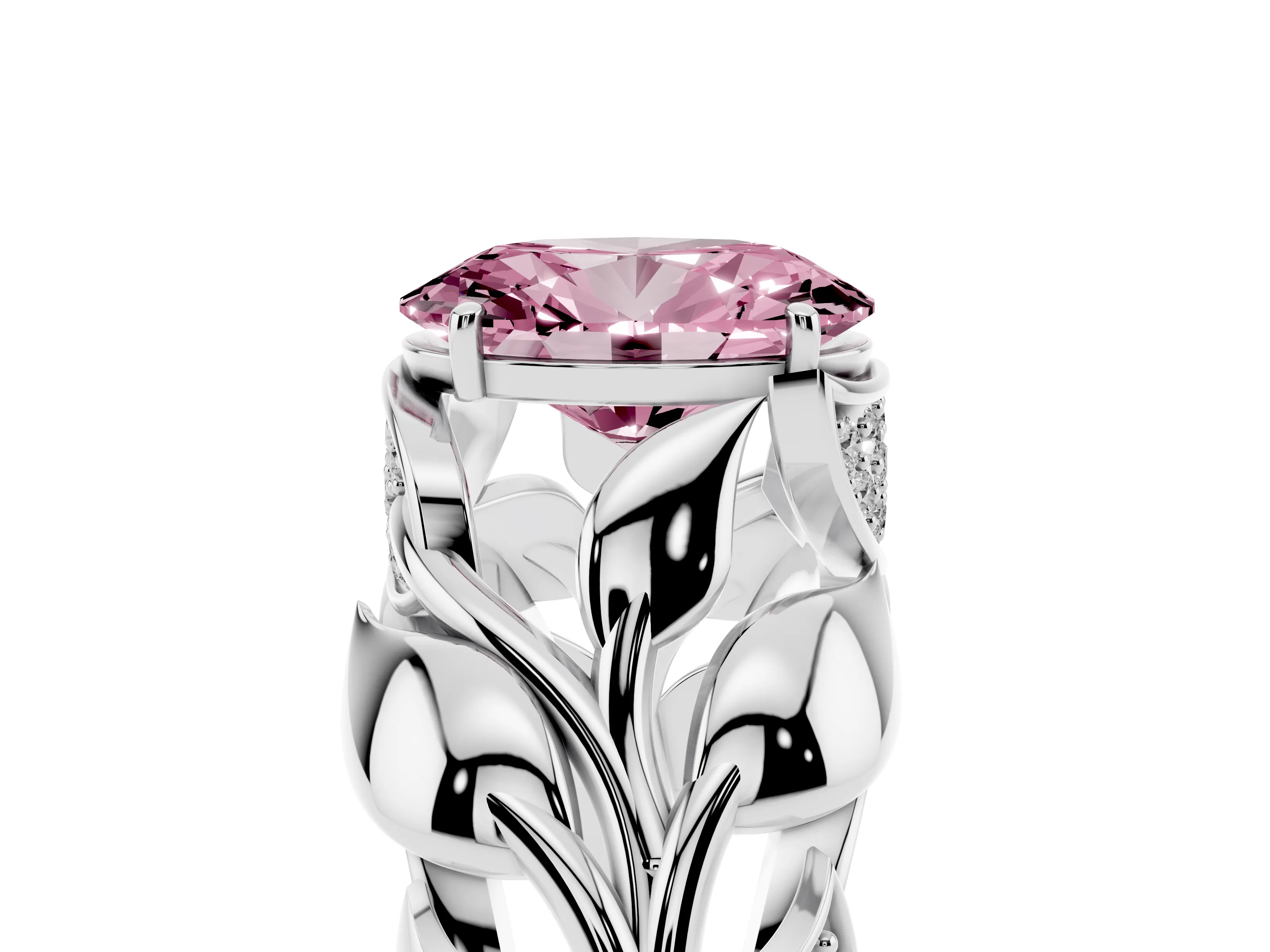 Fancy Pink Oval Cut Diamond Leaf-Inspired Engagement Ring Set in Platinum with Round Accents