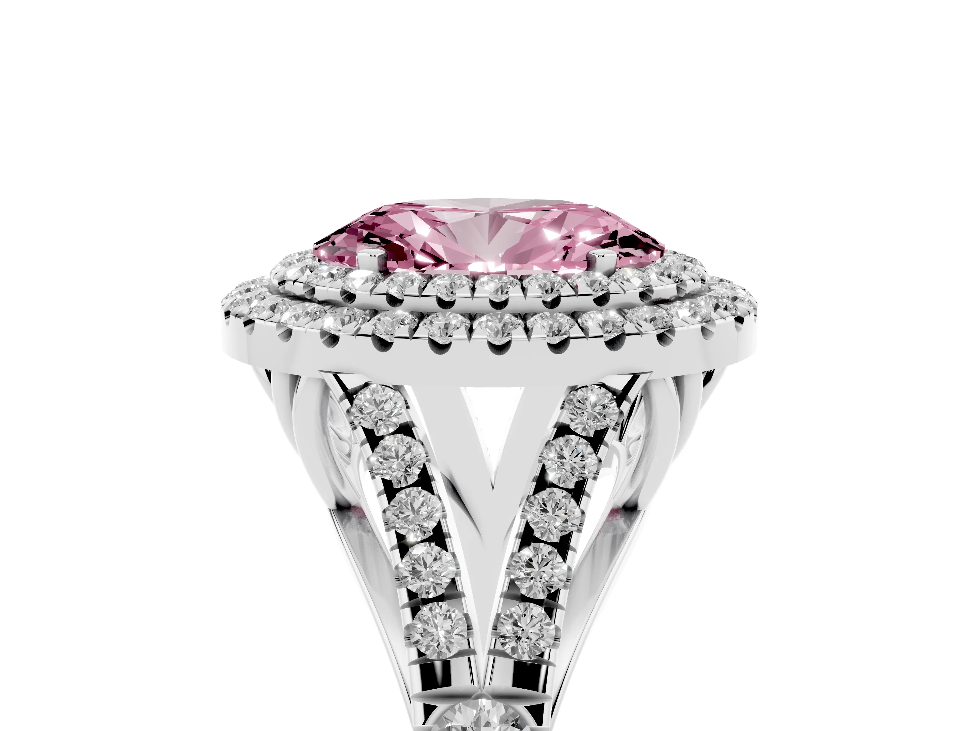 Fancy Pink Oval Cut Diamond Pavé Split Shank Double Halo Engagement Ring Set in Silver