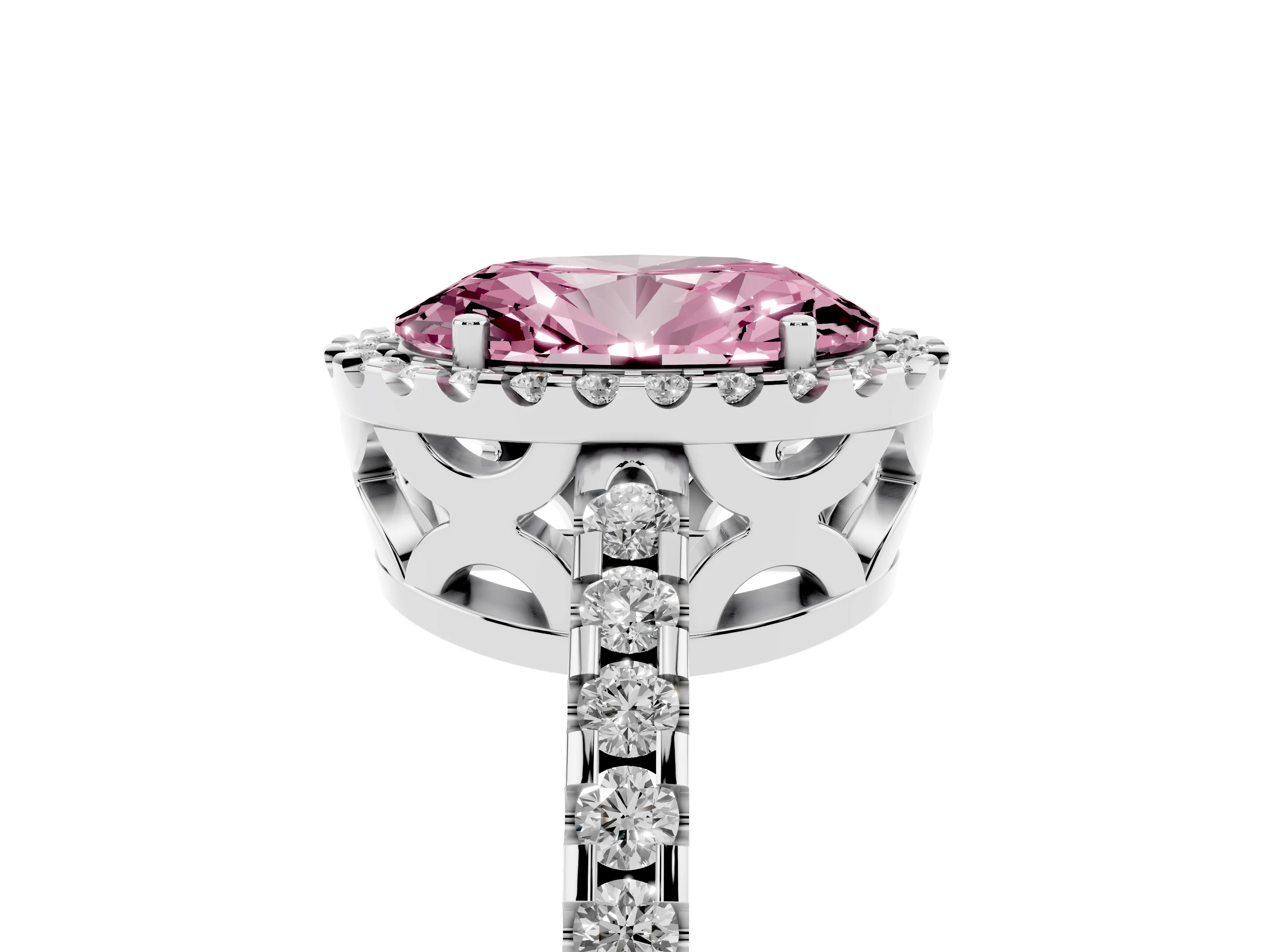 Fancy Pink Oval Cut Diamond Halo Ring Set in Silver with Pavé Shoulders and Halo-Framed Center