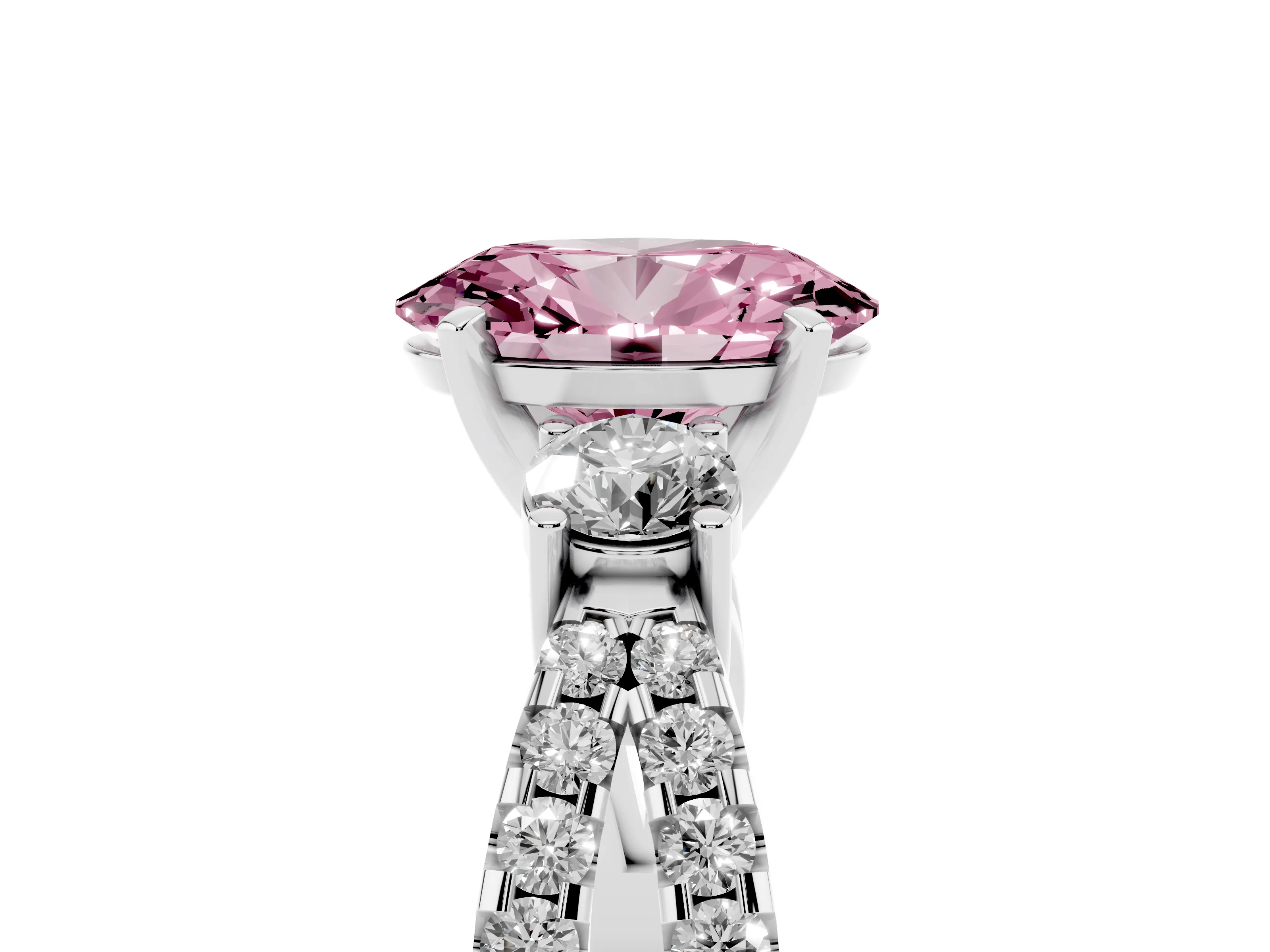 Fancy Pink Oval Cut Diamond Three-Stone Ring Set in White gold with Pavé Split Shank and Prong Setting
