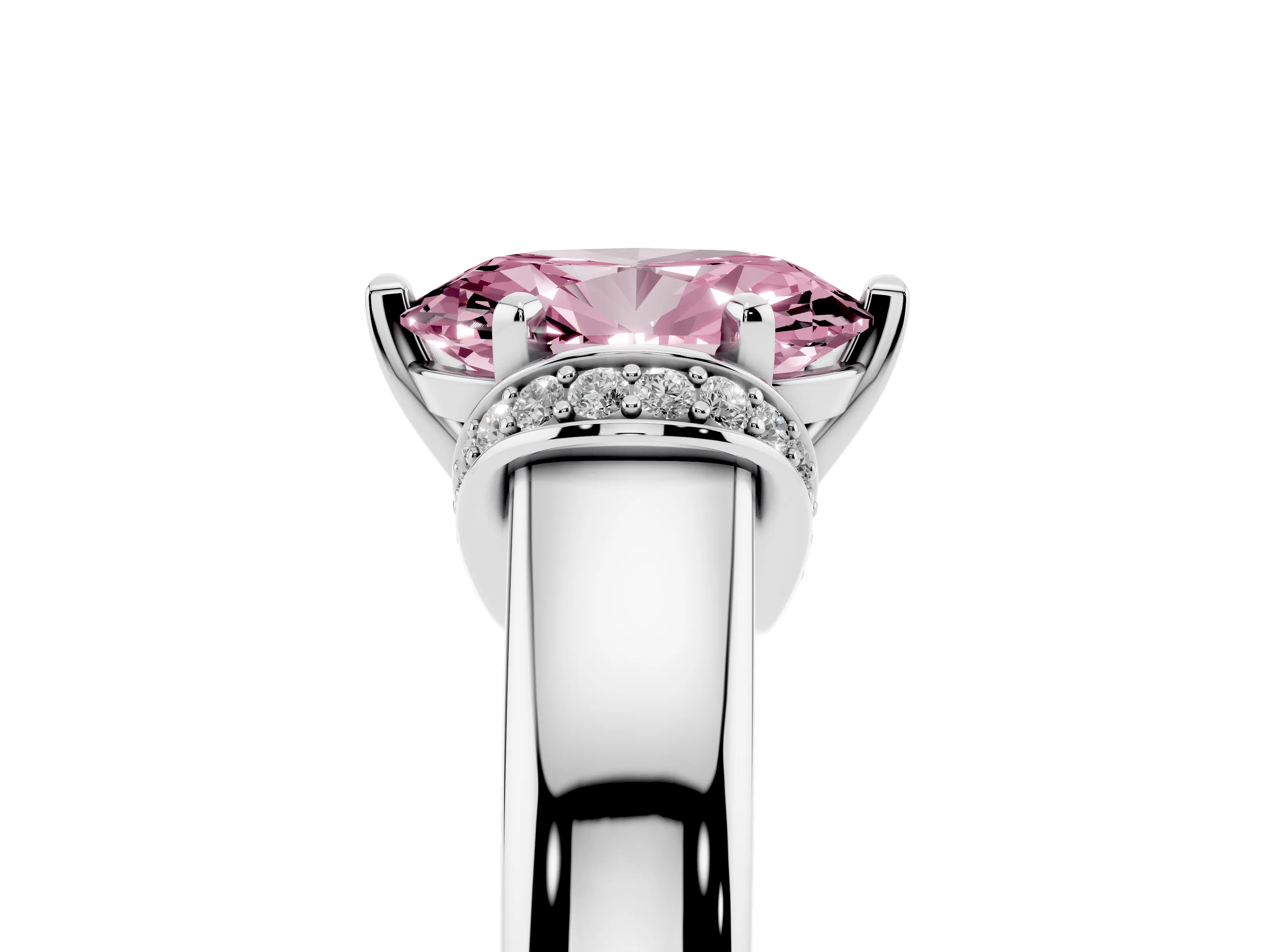 Fancy Pink Oval Cut Diamond Pavé Band Solitaire Ring Set in Silver with Prong Setting