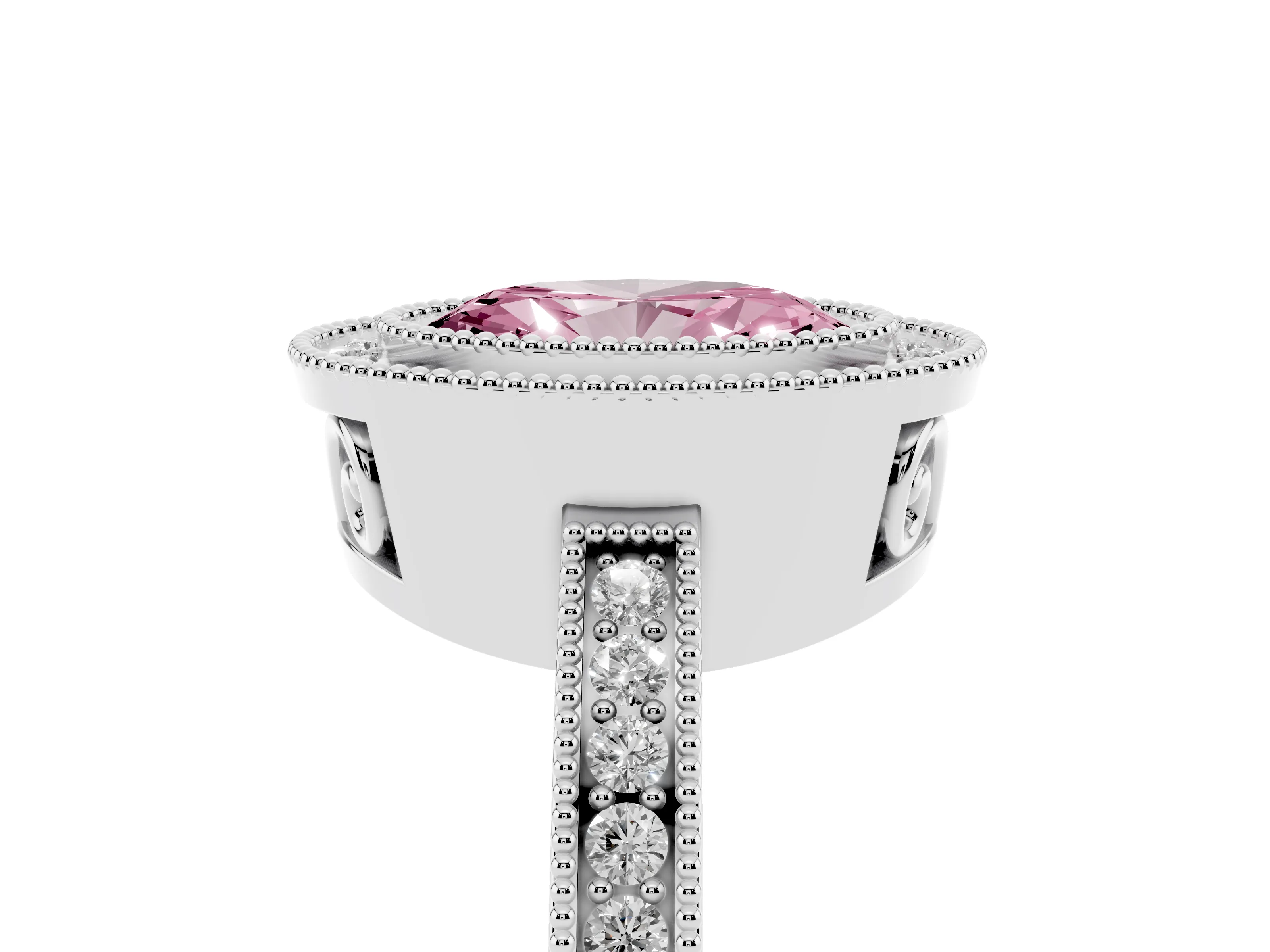 Fancy Pink Oval Cut Diamond Halo Ring Set in Platinum with Pavé Band and Milgrain-Edged Prongs