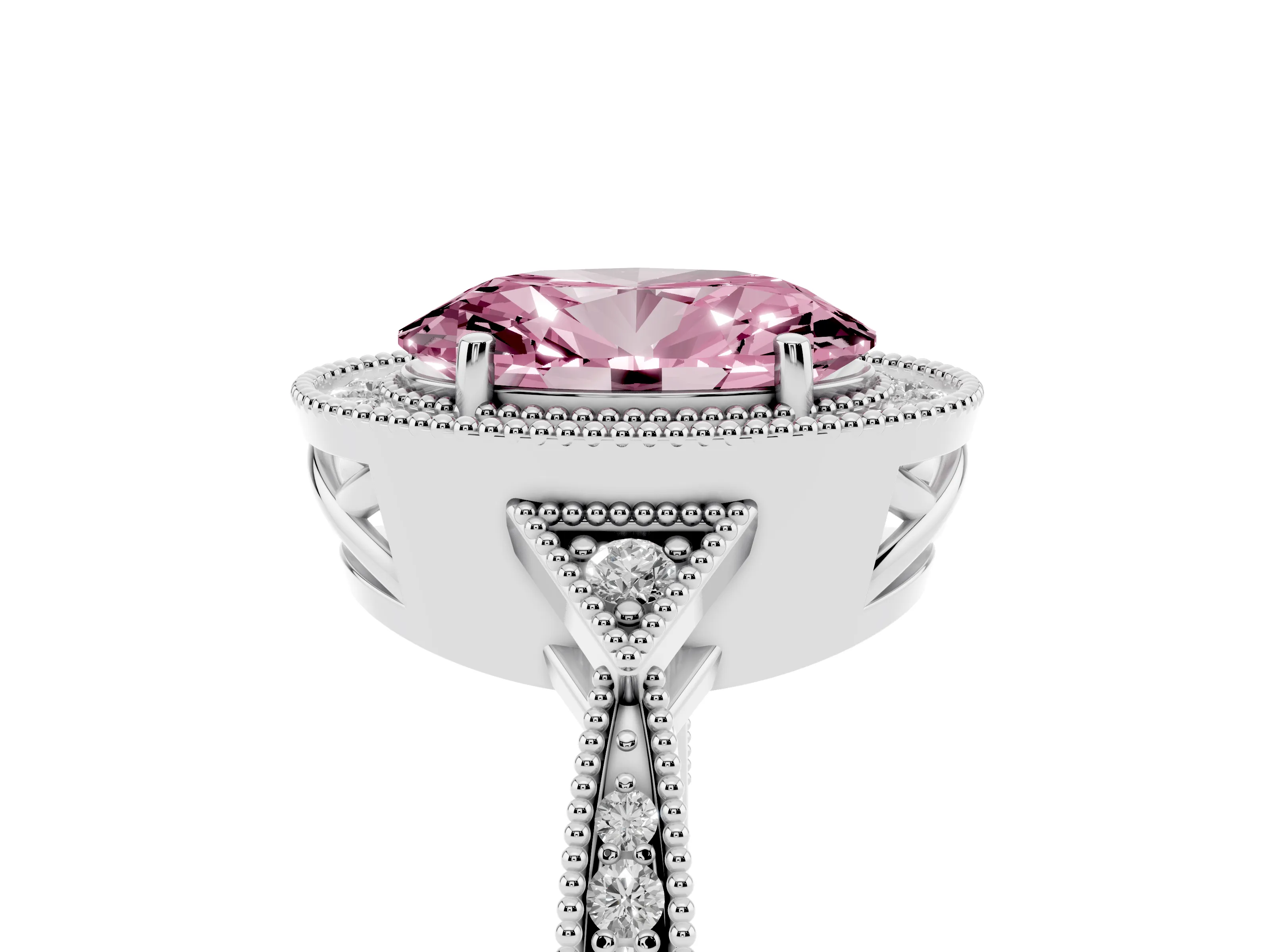 Fancy Pink Oval Cut Diamond Halo Engagement Ring Set in Silver with Milgrain Pavé Band