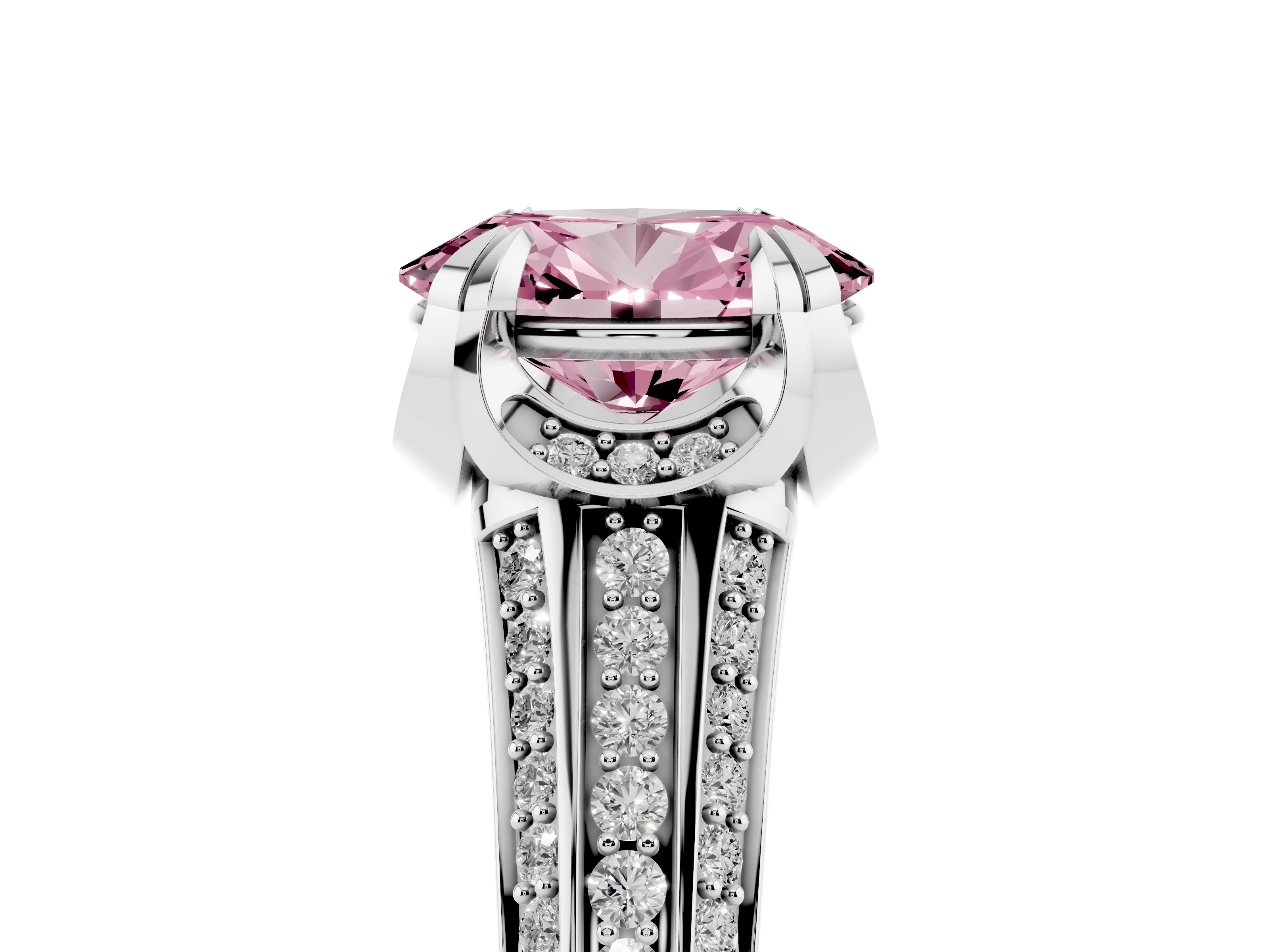 Fancy Pink Oval Cut Diamond Pavé Split Shank Solitaire Ring Set in Platinum with Prong Setting