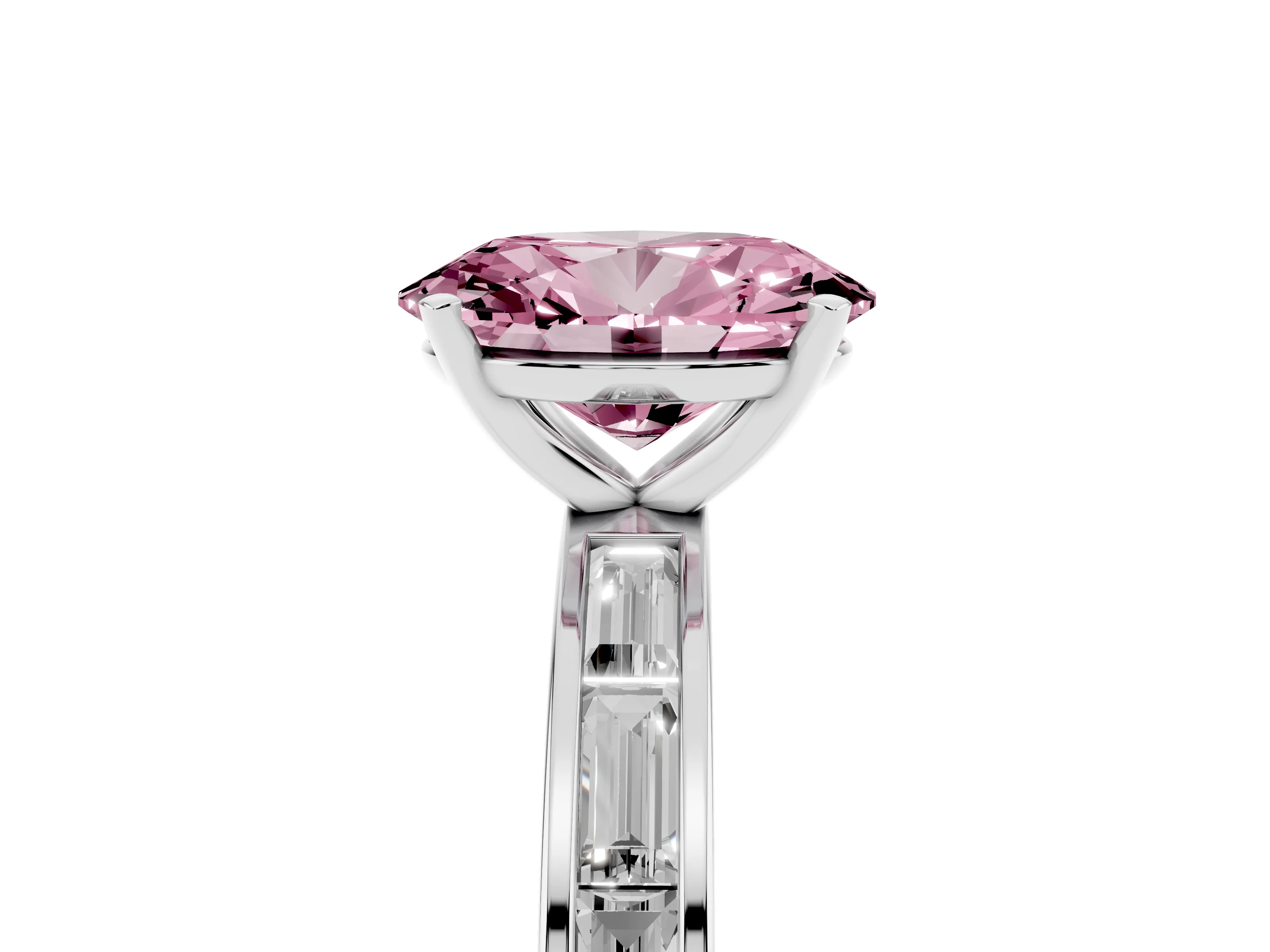 Fancy Pink Oval Cut Diamond Solitaire Ring Set in Platinum with Channel-Set Baguette Band and Prong Setting
