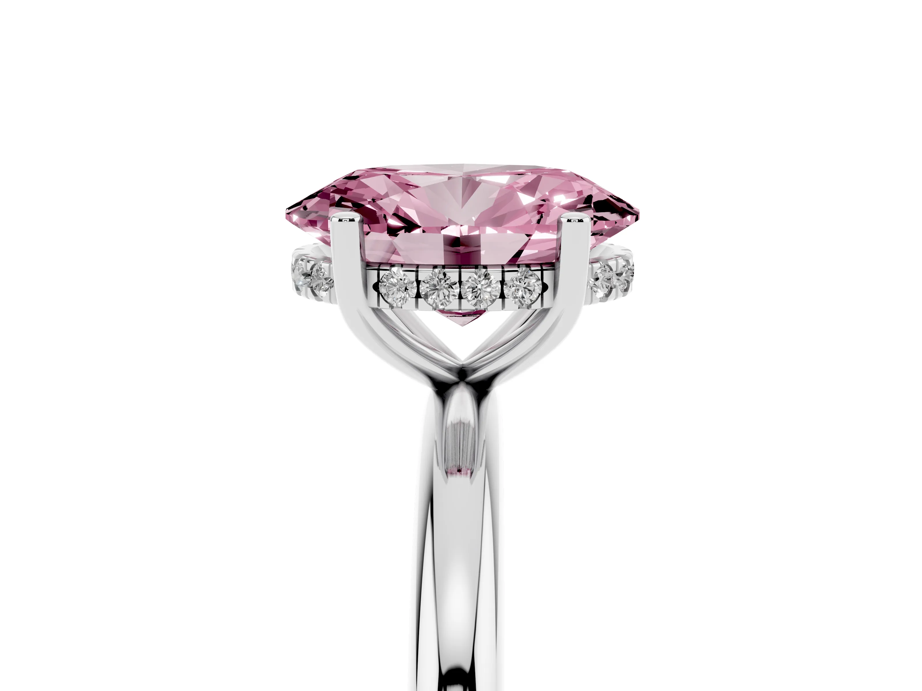 Fancy Pink Oval Cut Diamond Solitaire Engagement Ring Set in Platinum with Prong Setting and Polished Band